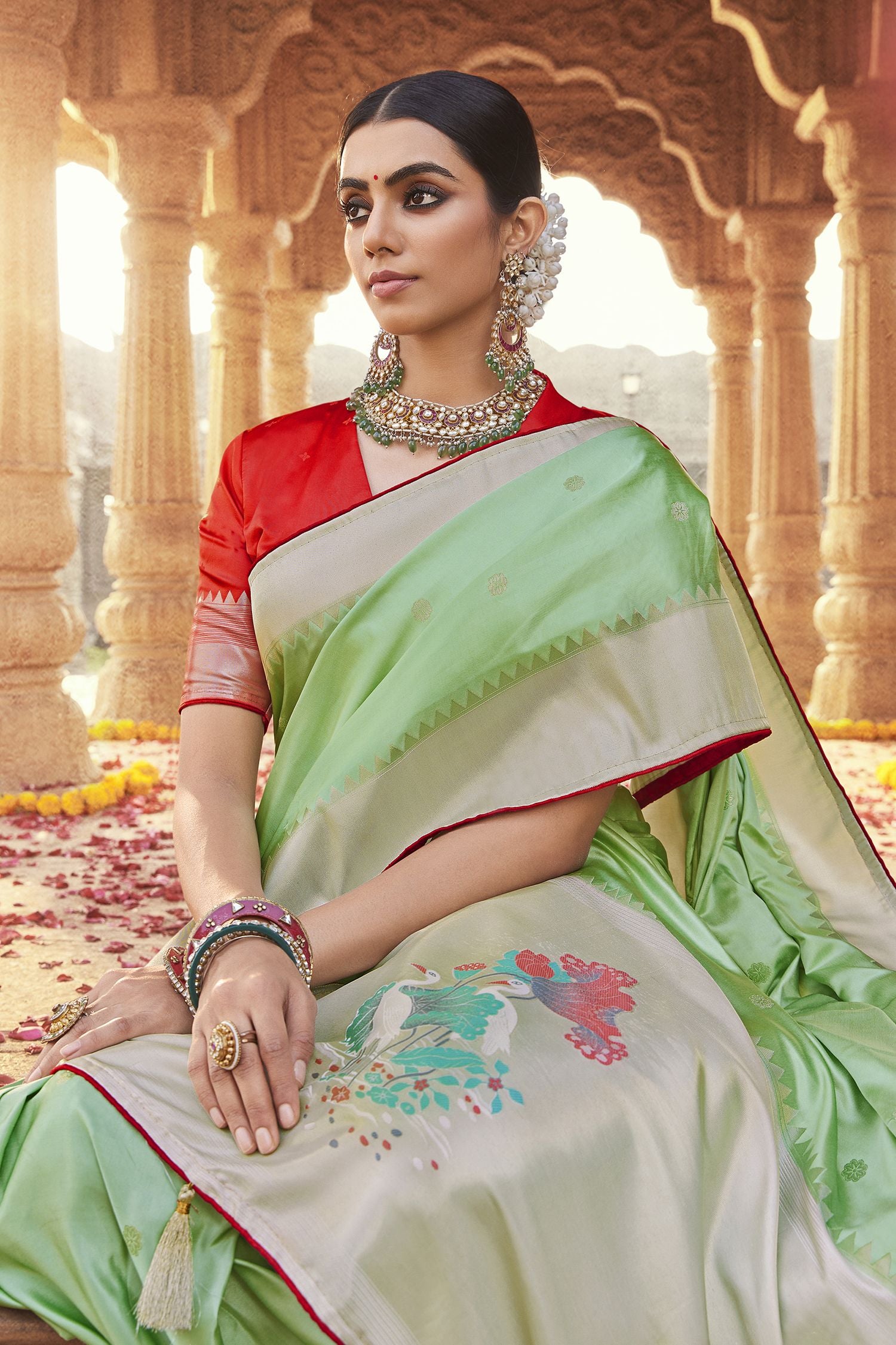 Buy MySilkLove Norway Green Designer Banarasi Satin Silk Saree Online