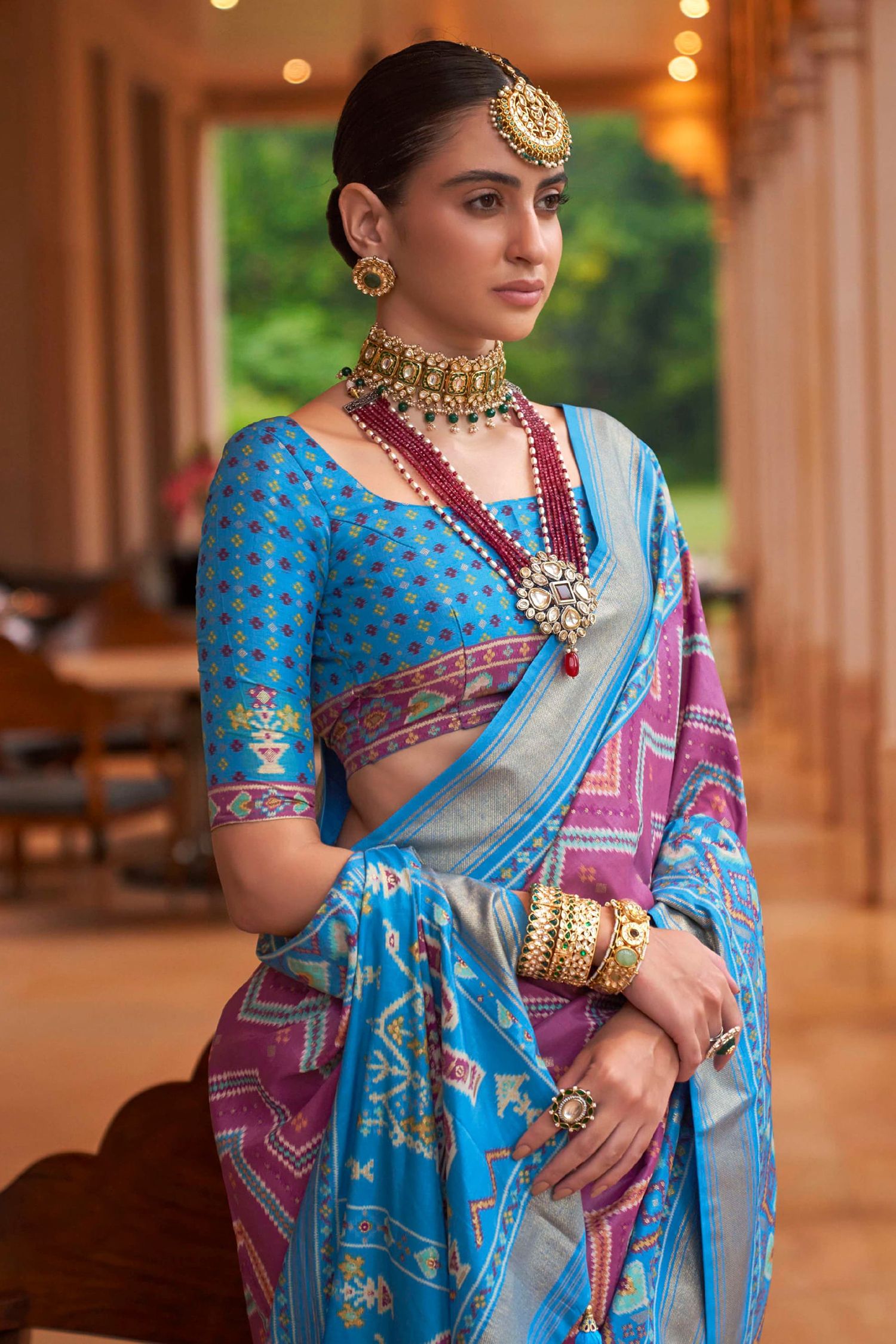 Buy MySilkLove Glossy Grape Purple and Blue Patola Printed Silk Saree Online