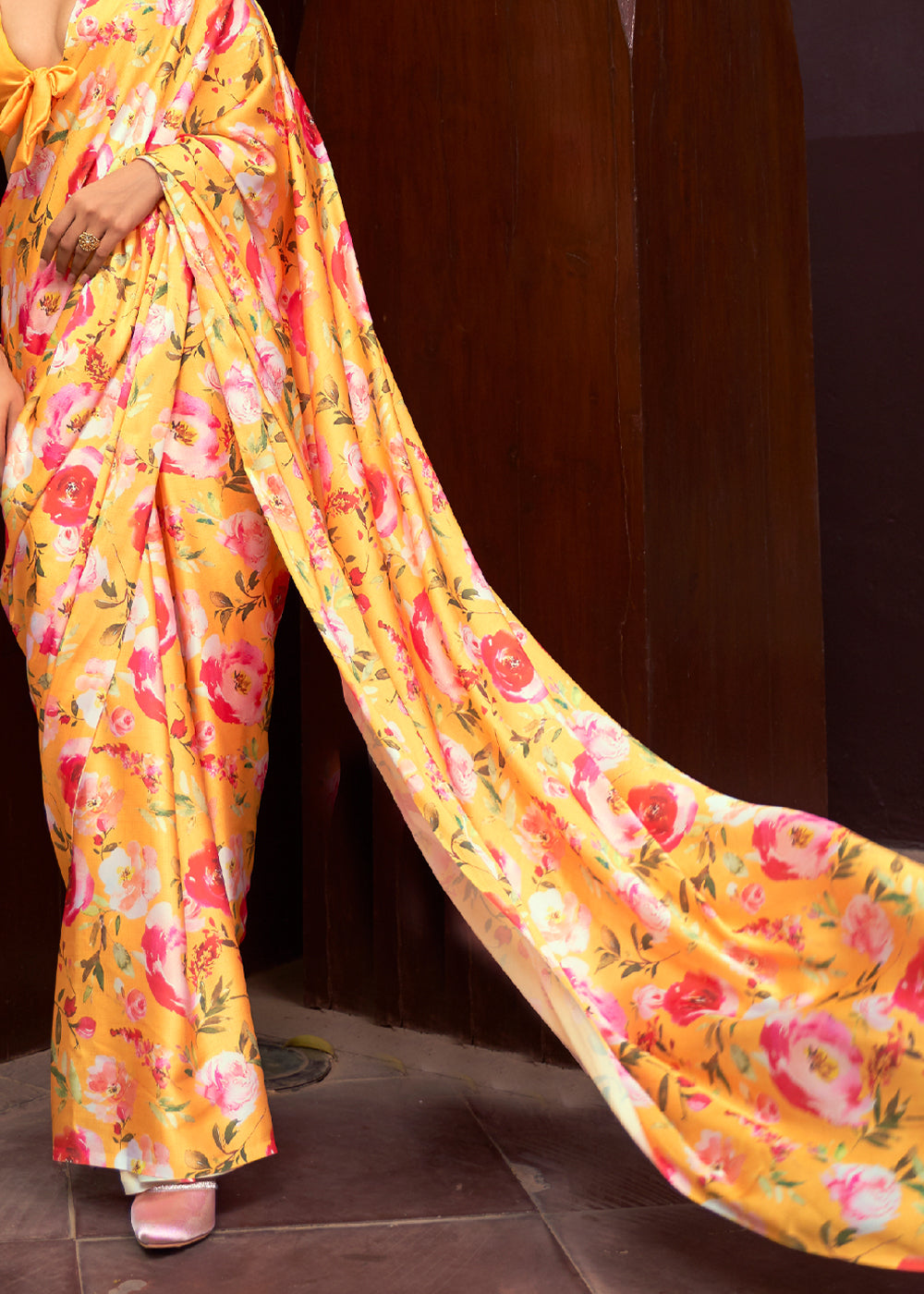 Buy MySilkLove Goldenrod Yellow Floral Printed Satin Silk Saree Online