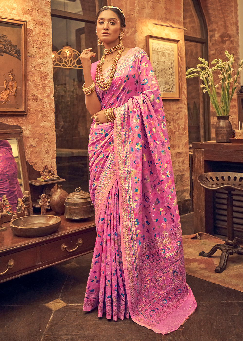 Buy MySilkLove Pink Sherbert Kashmiri Jamewar Woven Silk Saree Online