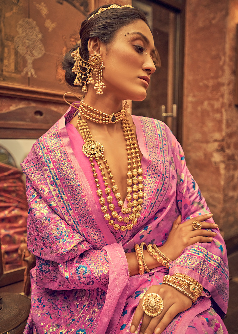 Buy MySilkLove Pink Sherbert Kashmiri Jamewar Woven Silk Saree Online