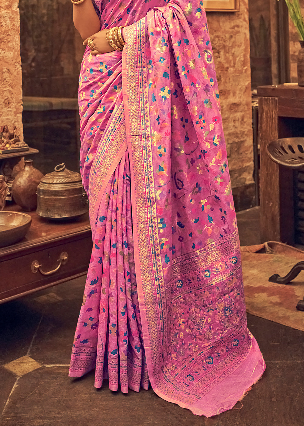 Buy MySilkLove Pink Sherbert Kashmiri Jamewar Woven Silk Saree Online