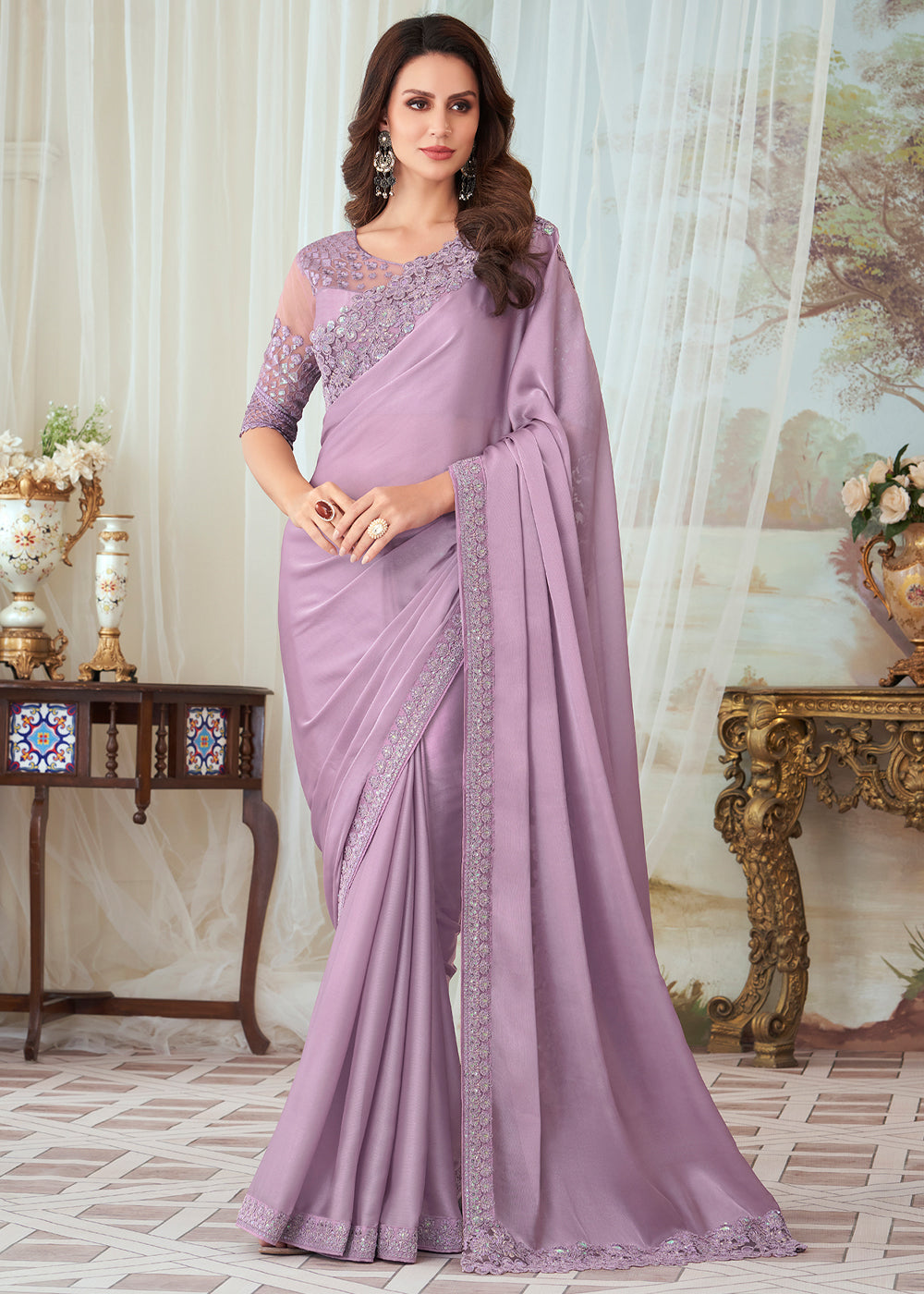 Buy MySilkLove Cherub Lavender Designer Embroidered Satin Silk Saree Online