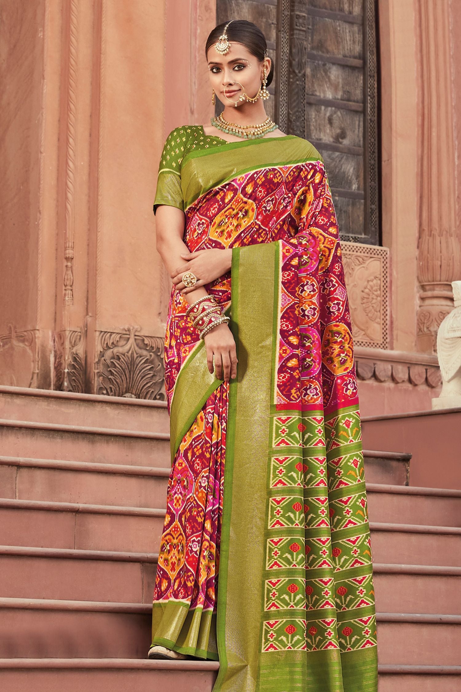Buy MySilkLove Shimmer Maroon and Green Patola Printed Art Silk Saree Online