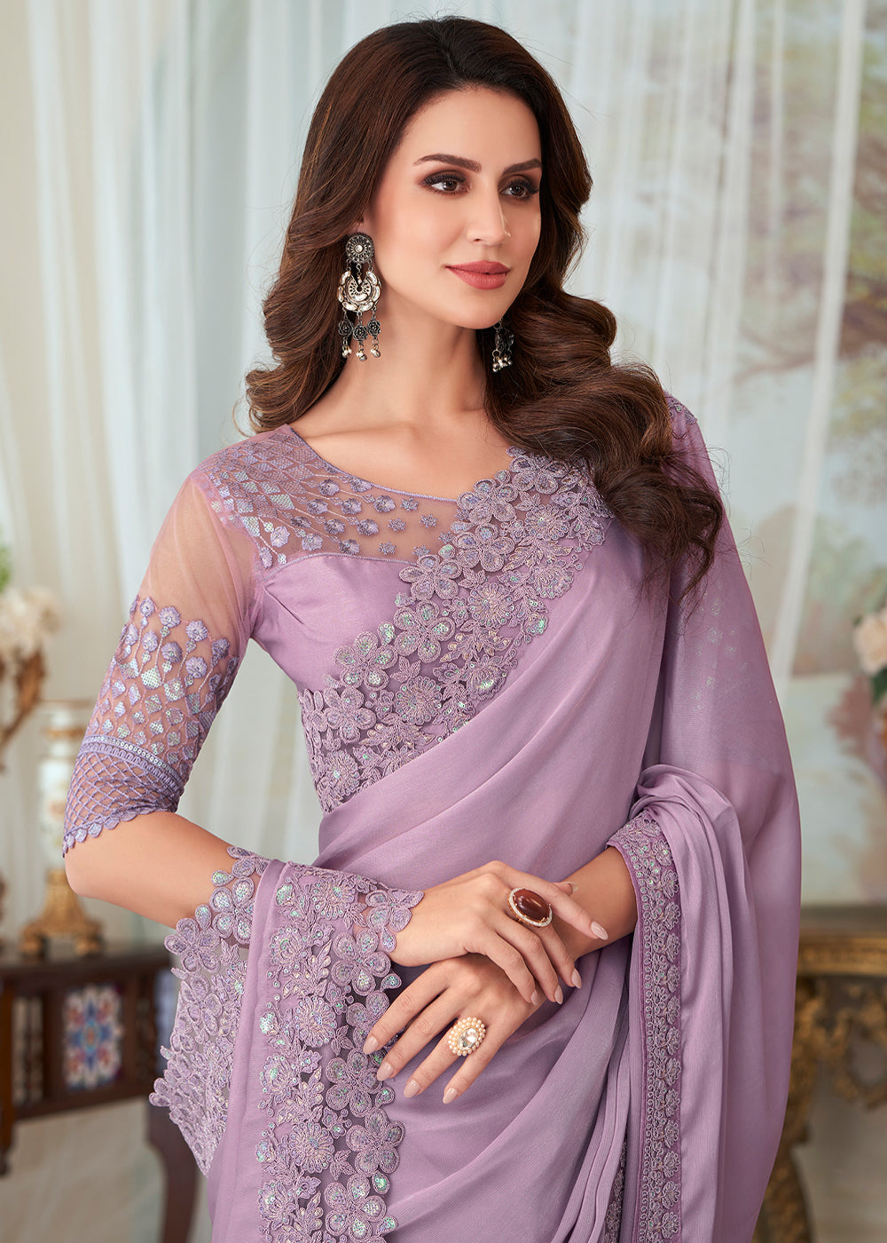 MySilkLove Cherub Lavender Designer Embroidered Satin Silk Saree