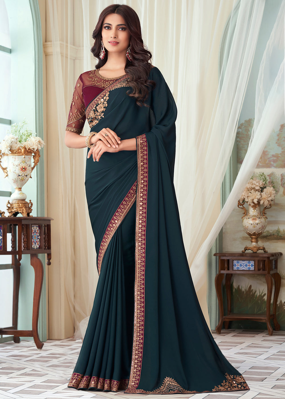 Buy MySilkLove Oxford Blue Designer Embroidered Satin Silk Saree Online