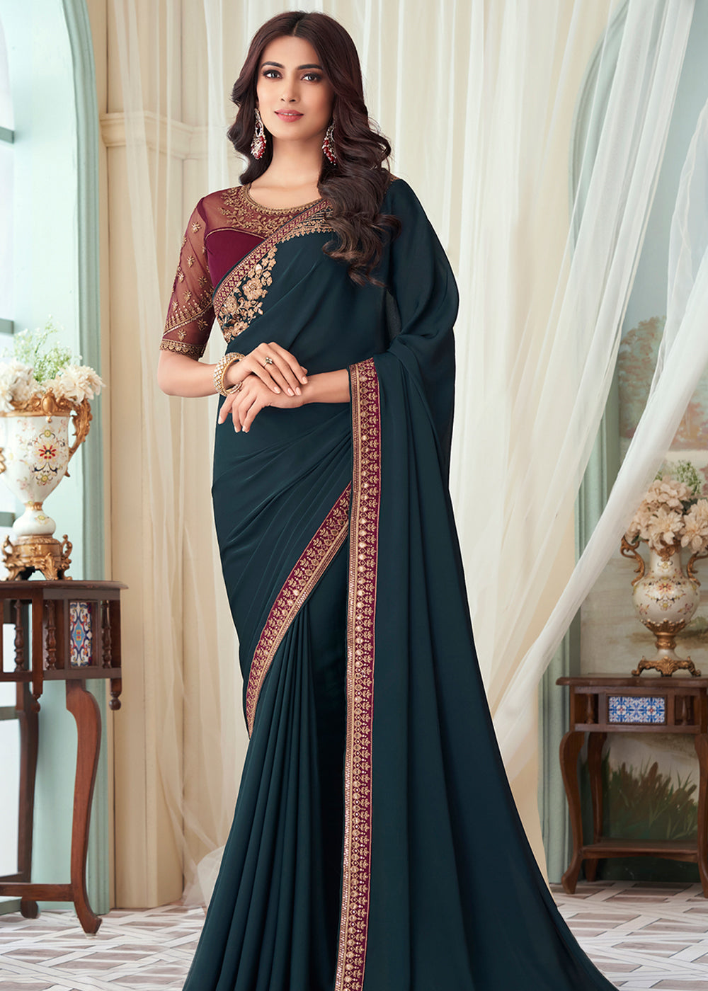 Buy MySilkLove Oxford Blue Designer Embroidered Satin Silk Saree Online