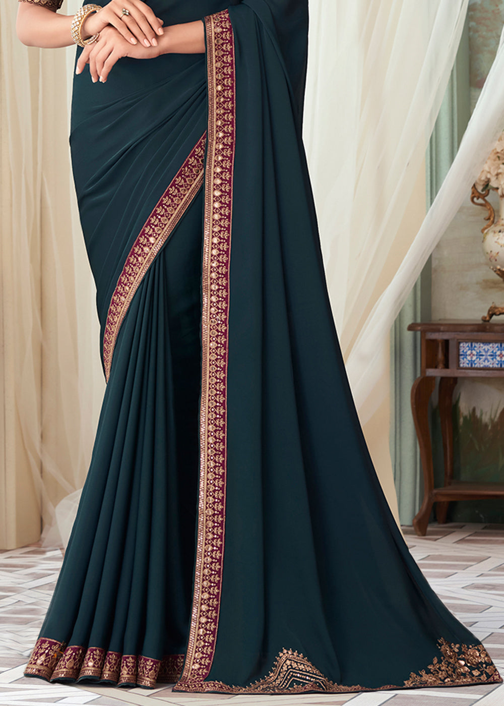 Buy MySilkLove Oxford Blue Designer Embroidered Satin Silk Saree Online