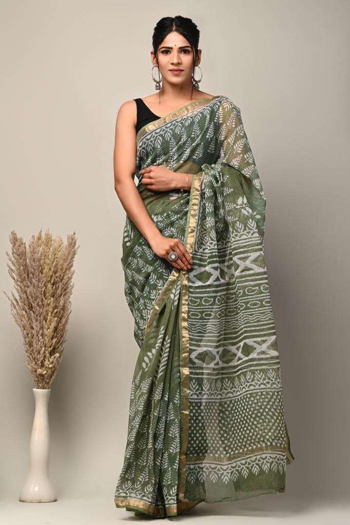 Buy MySilkLove Axolotl Green Handblock Kota Doriya Saree Online
