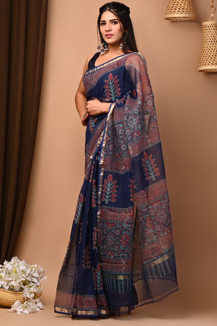 Buy MySilkLove Baltic Sea Blue Handblock Kota Doriya Saree Online