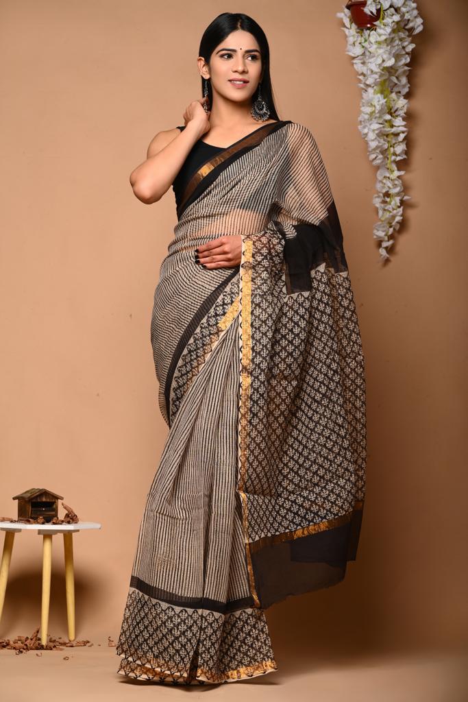 Buy MySilkLove Sand Dune Black Handblock Kota Doriya Saree Online