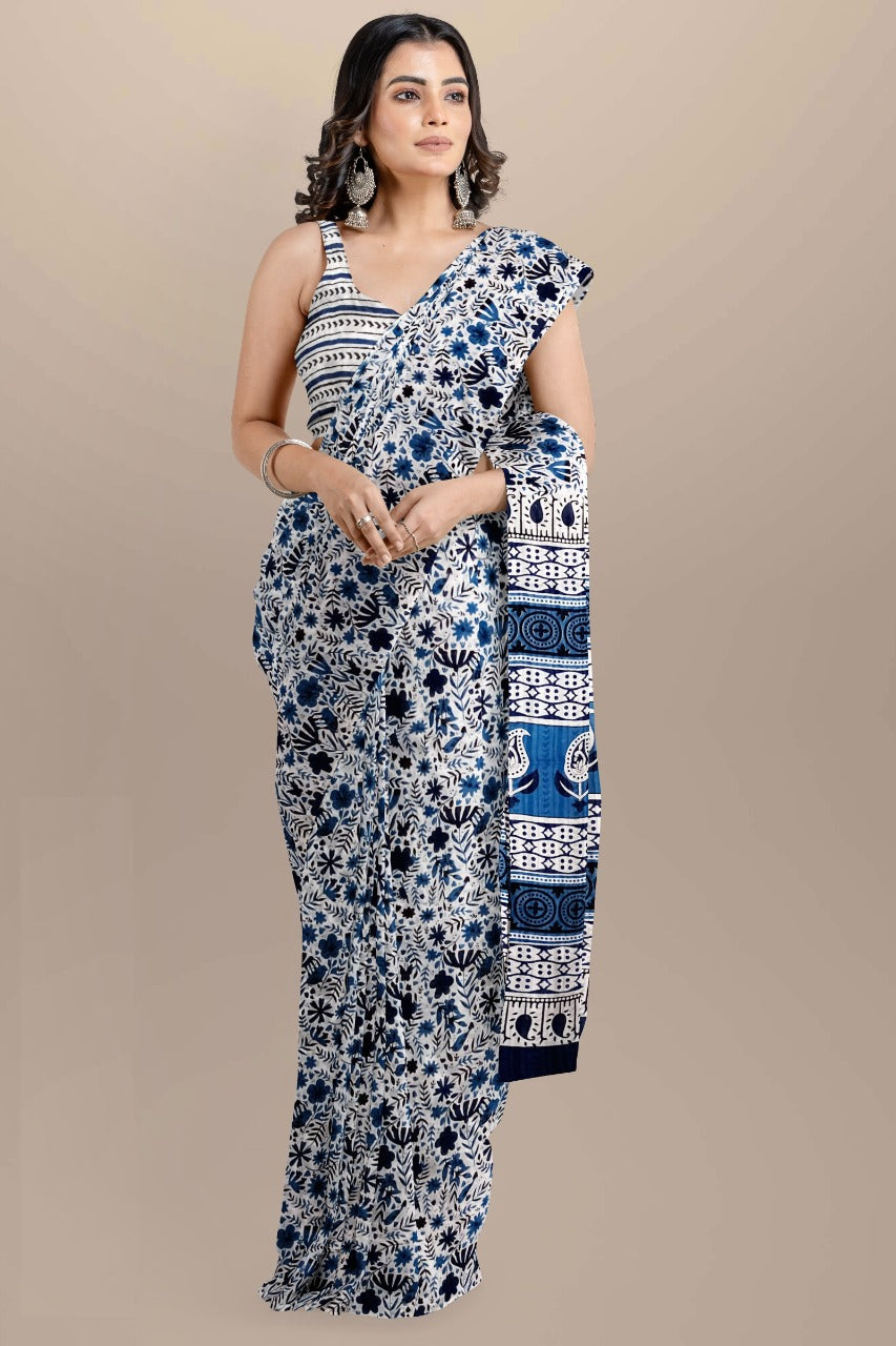 Buy MySilkLove Cloud Burst Blue Handblock Printed Cotton Mulmul Saree Online