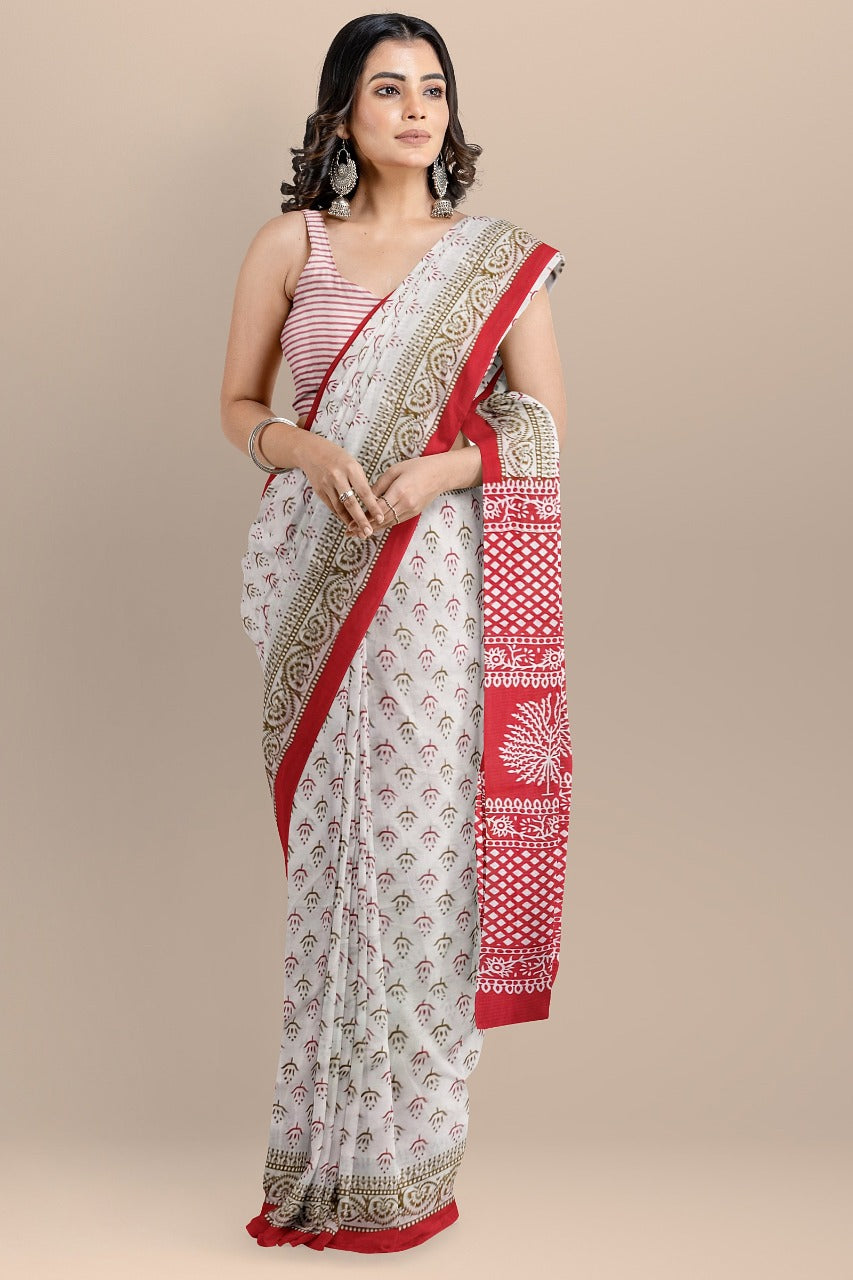 Buy MySilkLove Cloud White and Red Handblock Printed Cotton Mulmul Saree Online