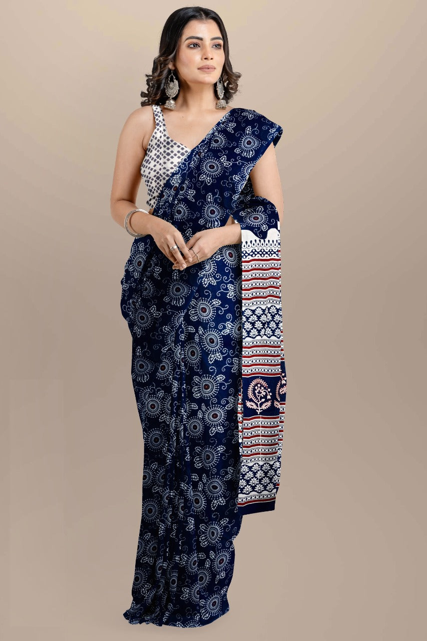 Buy MySilkLove Haiti Blue Handblock Printed Cotton Mulmul Saree Online
