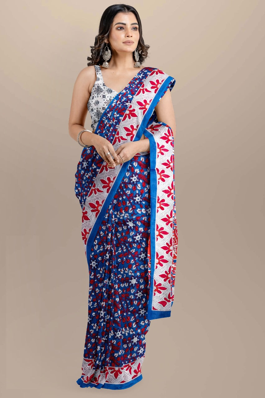 Buy MySilkLove Congress Blue Handblock Printed Cotton Mulmul Saree Online