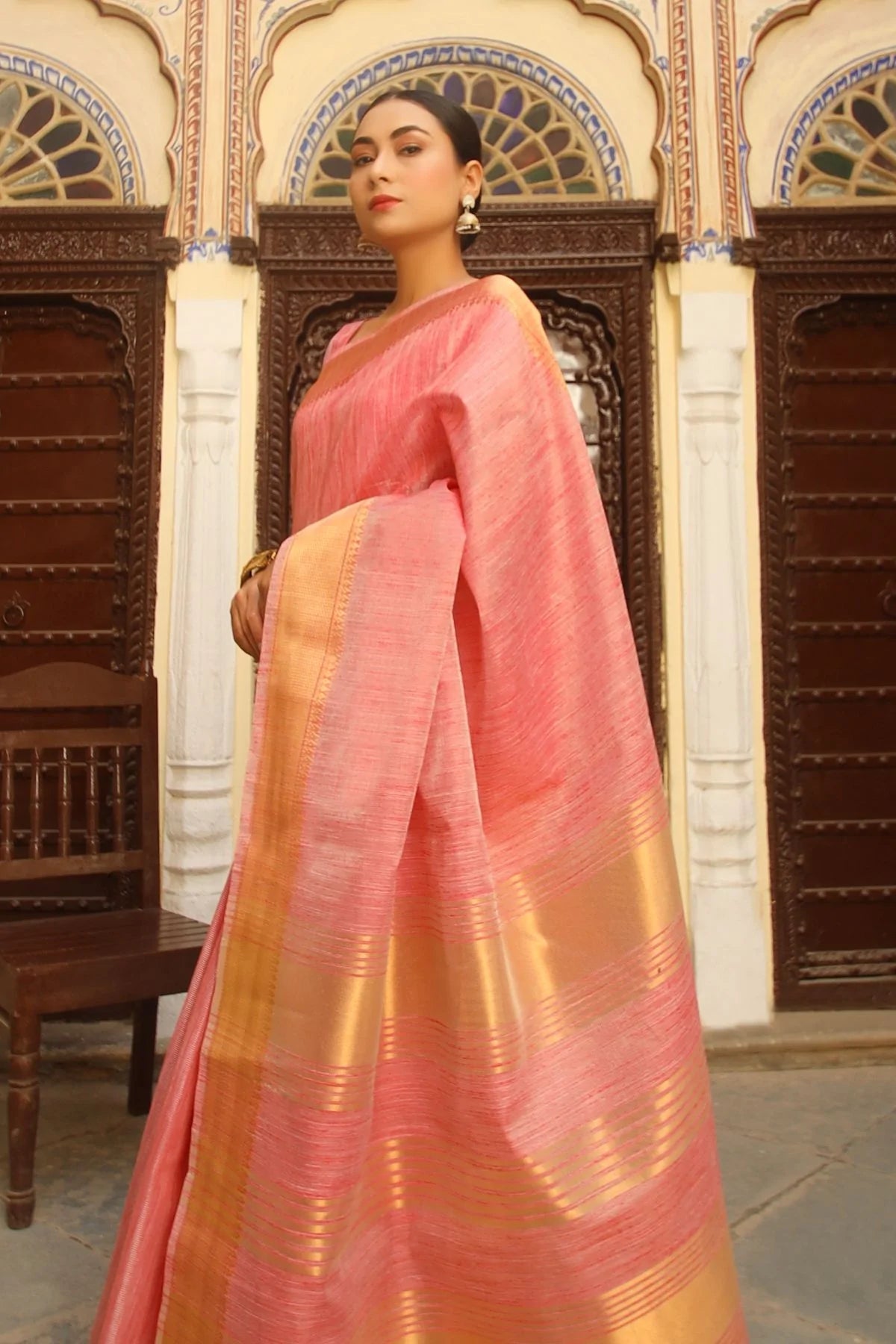 Buy MySilkLove Vivid Pink Tissue Cotton Saree Online