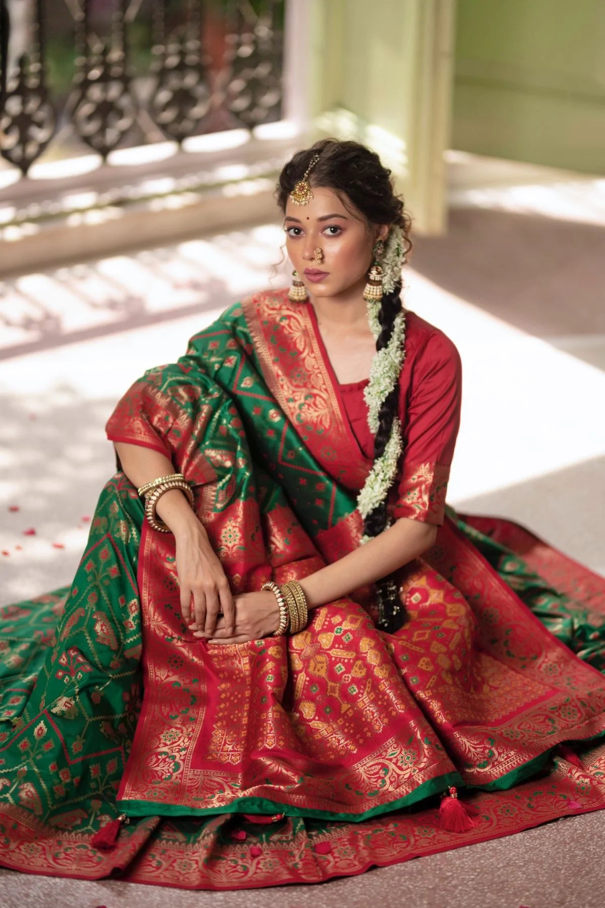 Buy MySilkLove Jewel Green Red Zari Woven Patola Silk Saree Online