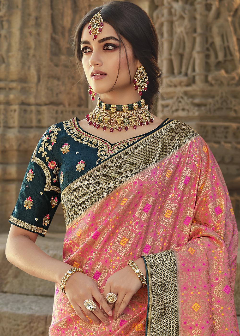 Buy MySilkLove Burnt Pink and Blue Designer Banarasi Silk Saree with Embroidered Blouse Online