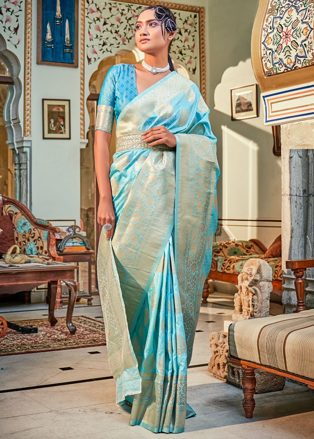 Nepal Blue Woven Banarasi Soft Silk Saree – MySilkLove