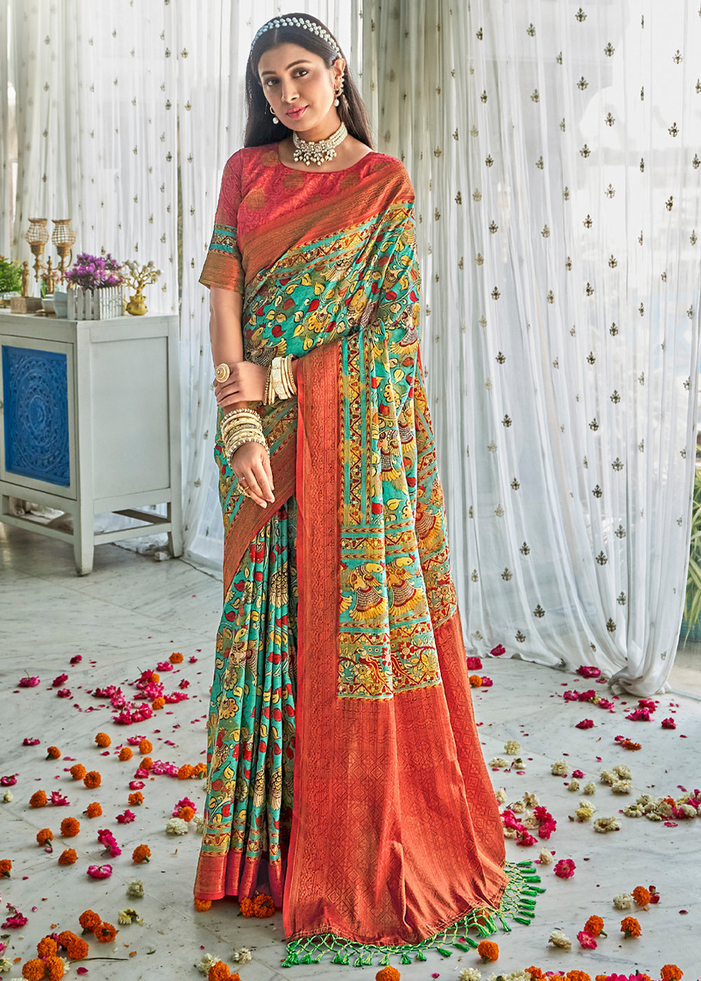 Buy MySilkLove Aqua Green Kalamkari Digital Printed Saree Online