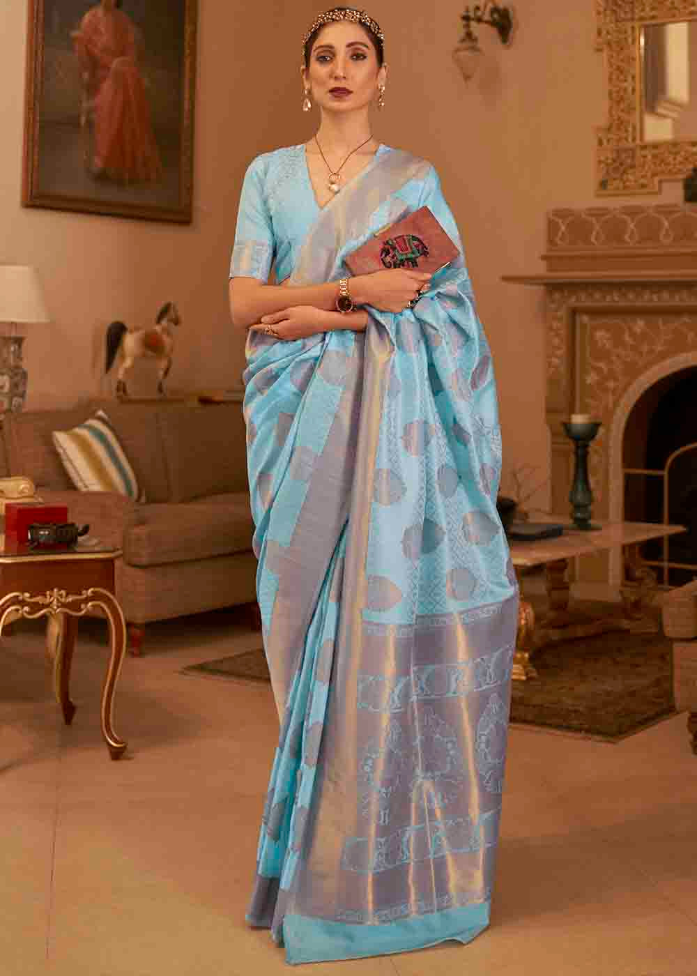 Buy MySilkLove Casper Blue Banarasi Silk Handloom Saree Online