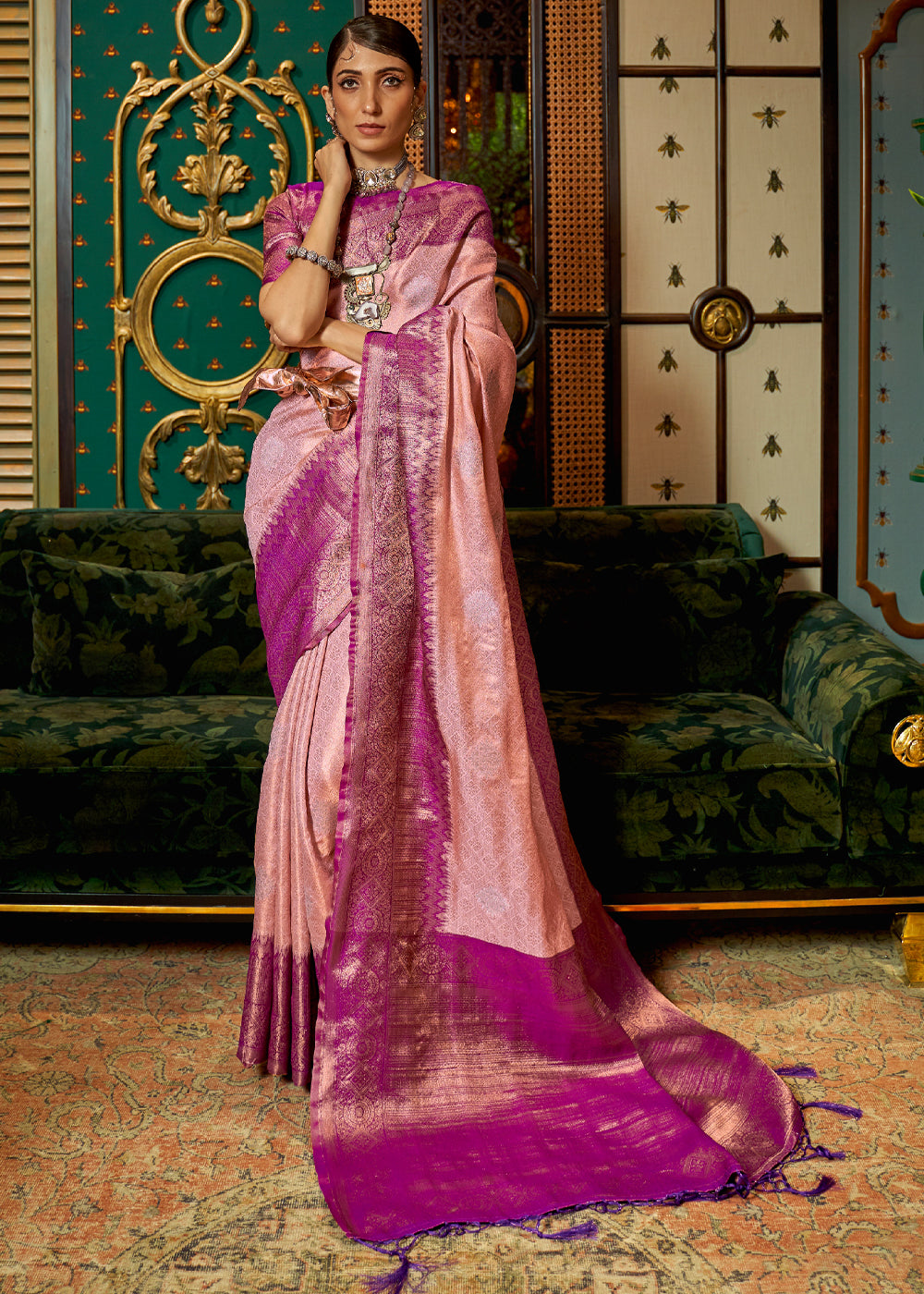 Buy MySilkLove Eunry Pink Zari Woven Banarasi Tussar Saree Online