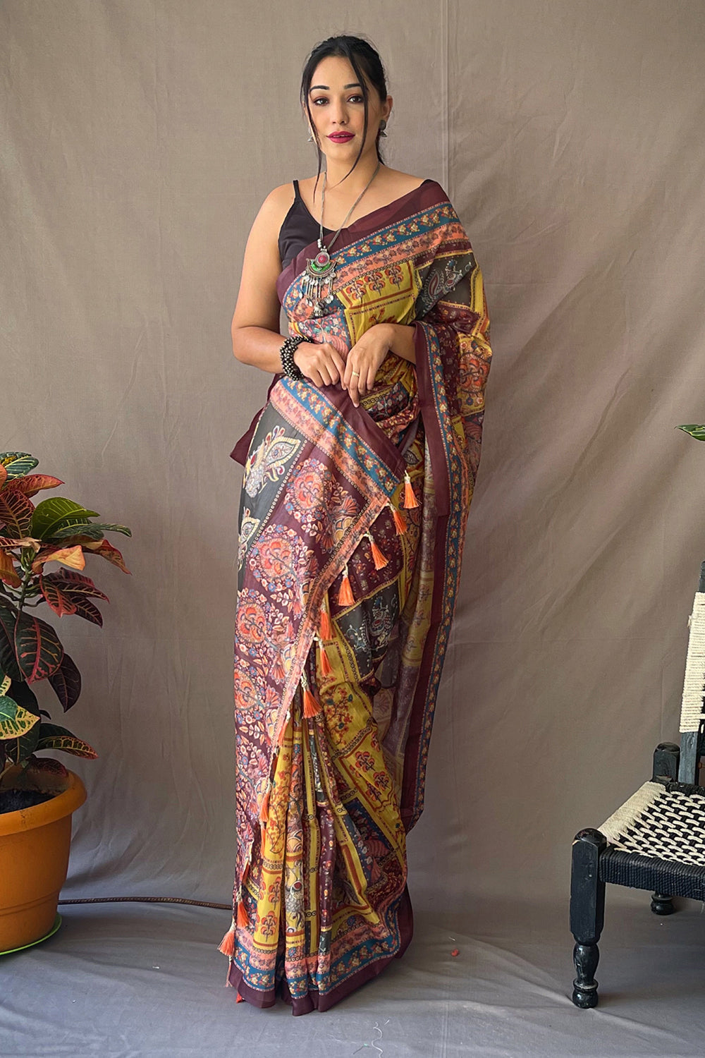 Buy MySilkLove Vis Yellow Kalamkari Saree Online