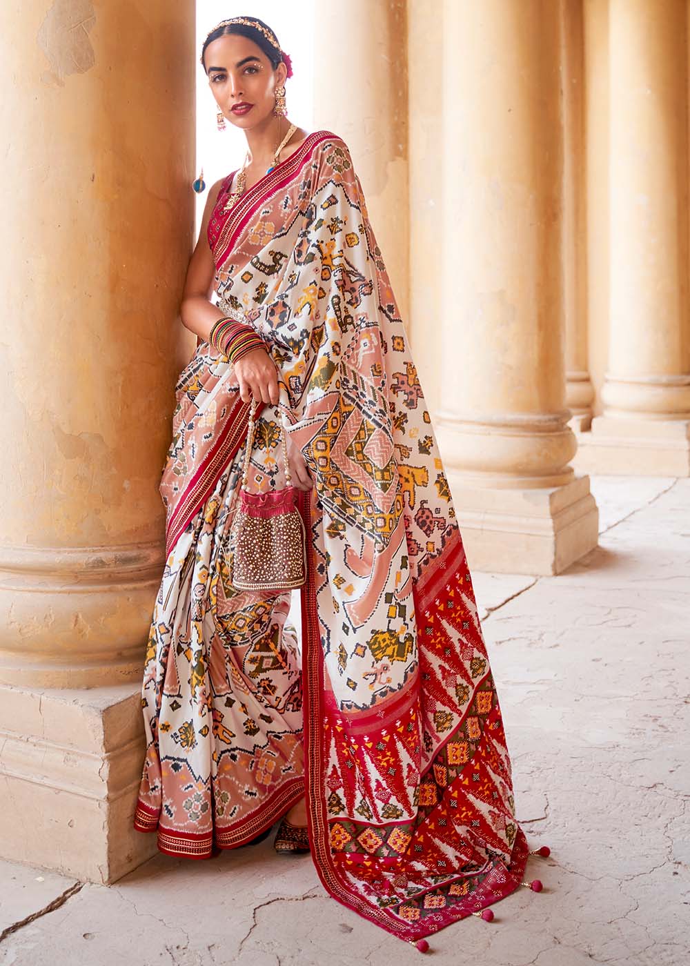 Buy MySilkLove Sisal White and Red Printed Patola Saree Online