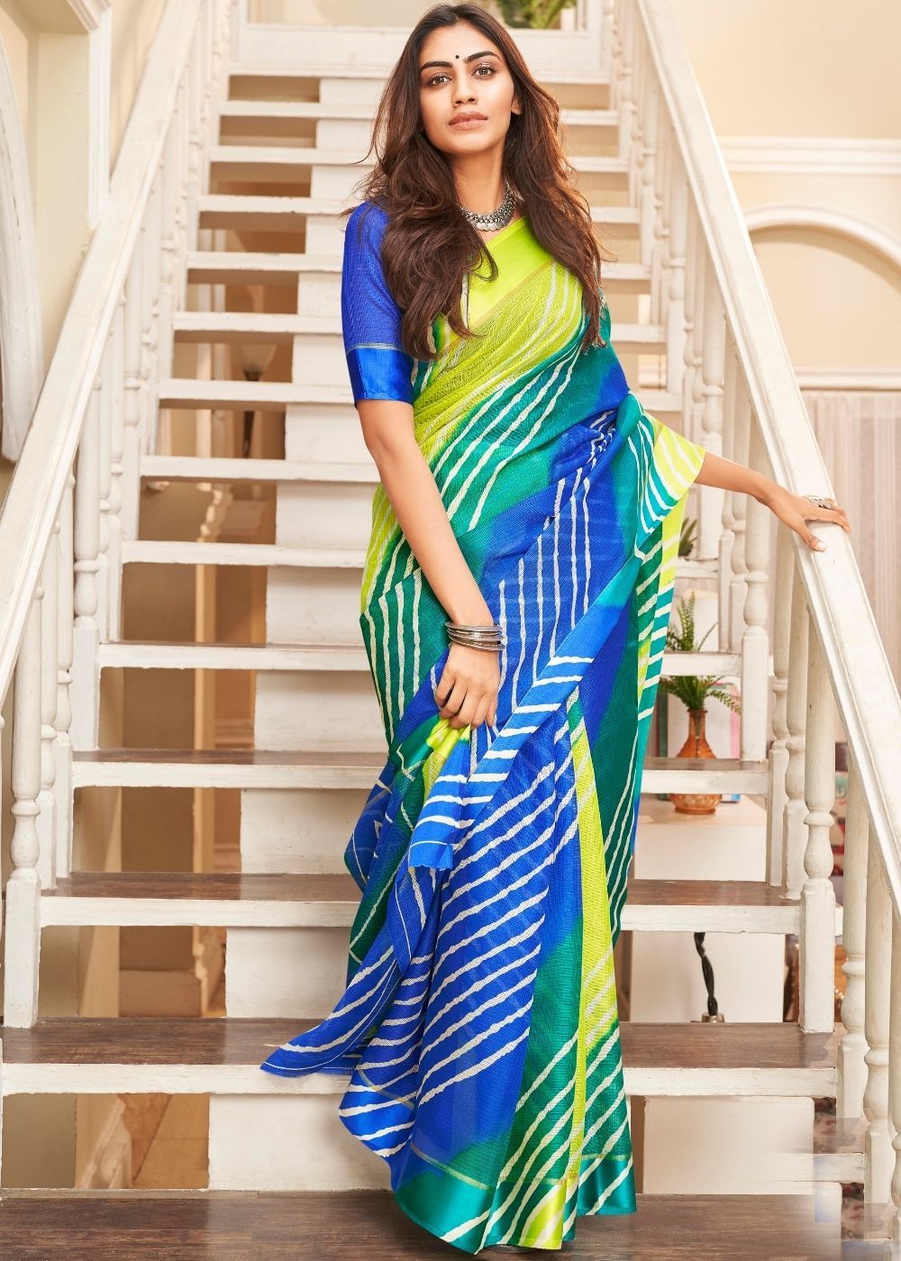 Buy MySilkLove Navy Blue and Yellow Cotton Saree with Lehriya Print Online