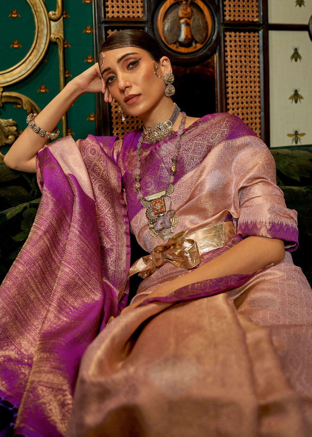 Buy MySilkLove Eunry Pink Zari Woven Banarasi Tussar Saree Online