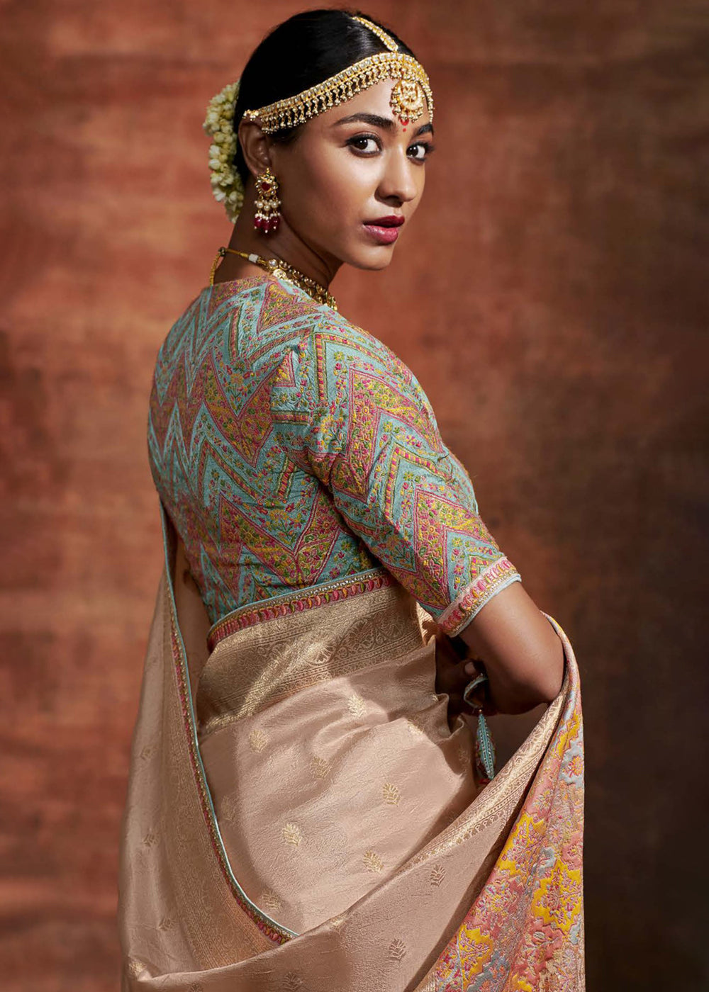 Buy MySilkLove Cameo Peach Woven Banarasi Soft Silk Saree Online
