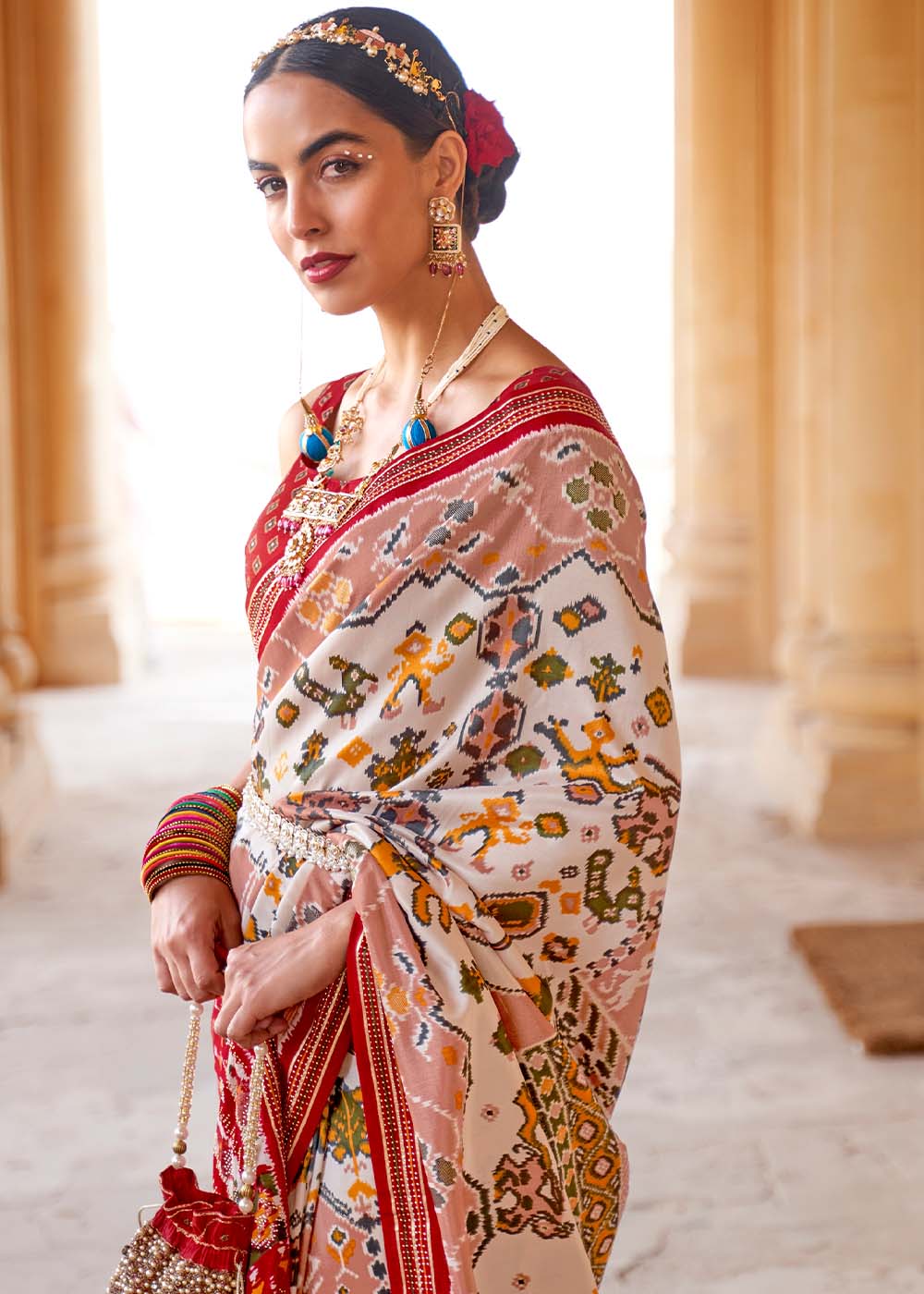 MySilkLove Sisal White and Red Printed Patola Saree