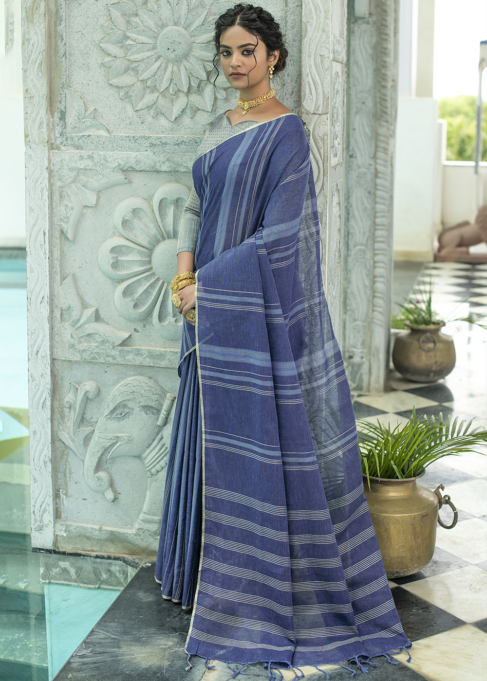 Buy MySilkLove San Juan Blue Zari Woven Striped Linen Saree Online
