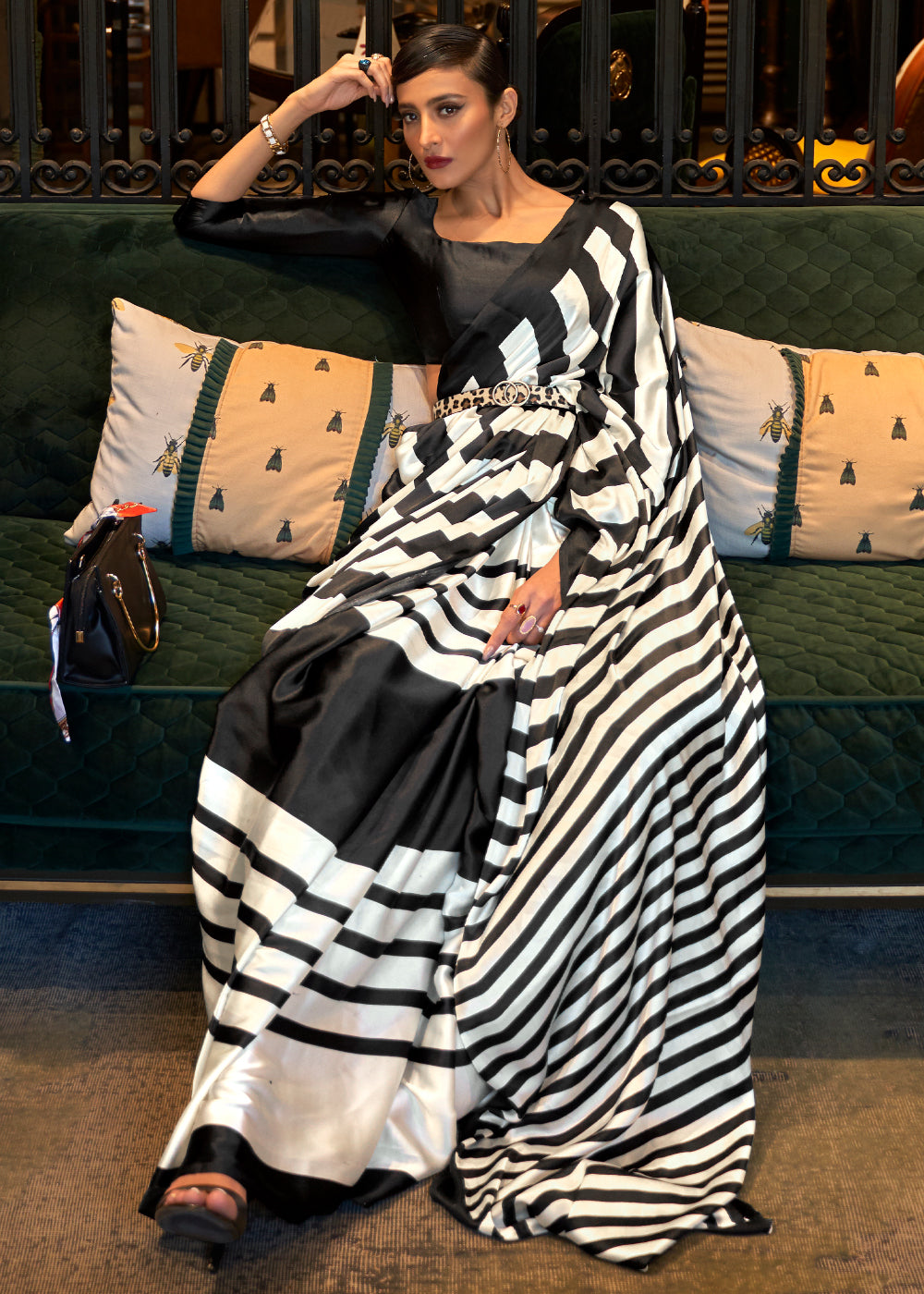 Buy MySilkLove Sisal Black and White Stripes Printed Satin Silk Saree Online