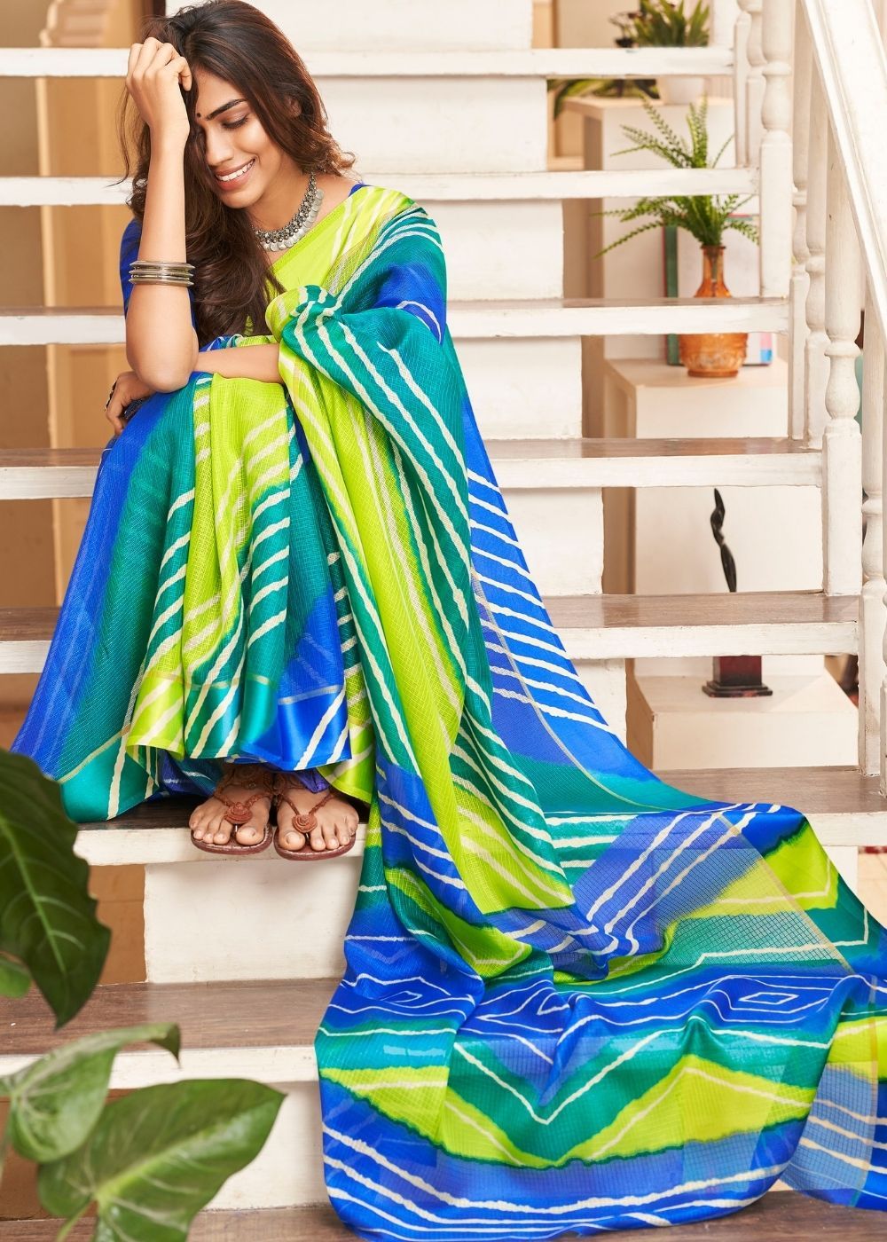 Buy MySilkLove Navy Blue and Yellow Cotton Saree with Lehriya Print Online