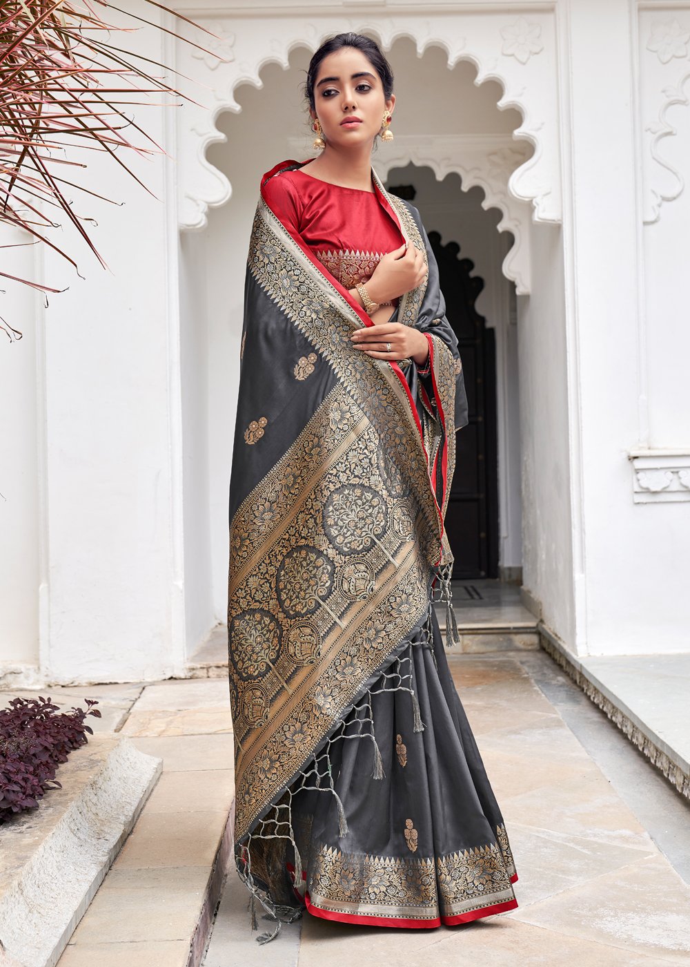 Buy MySilkLove Mid Grey Zari Woven Banarasi Silk Saree Online