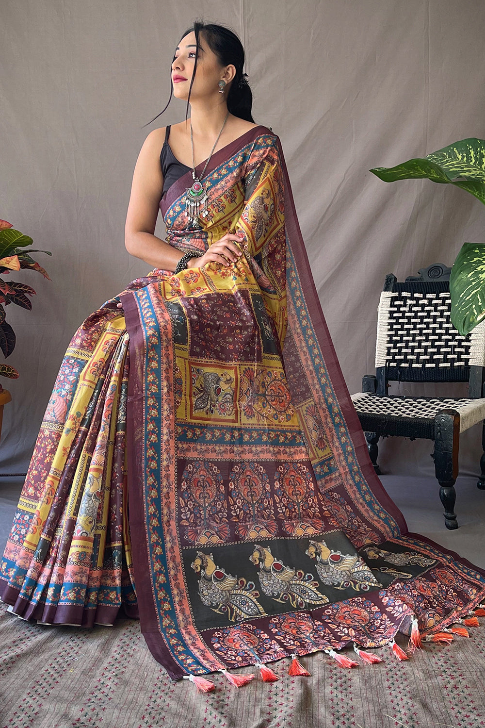 Buy MySilkLove Vis Yellow Kalamkari Saree Online
