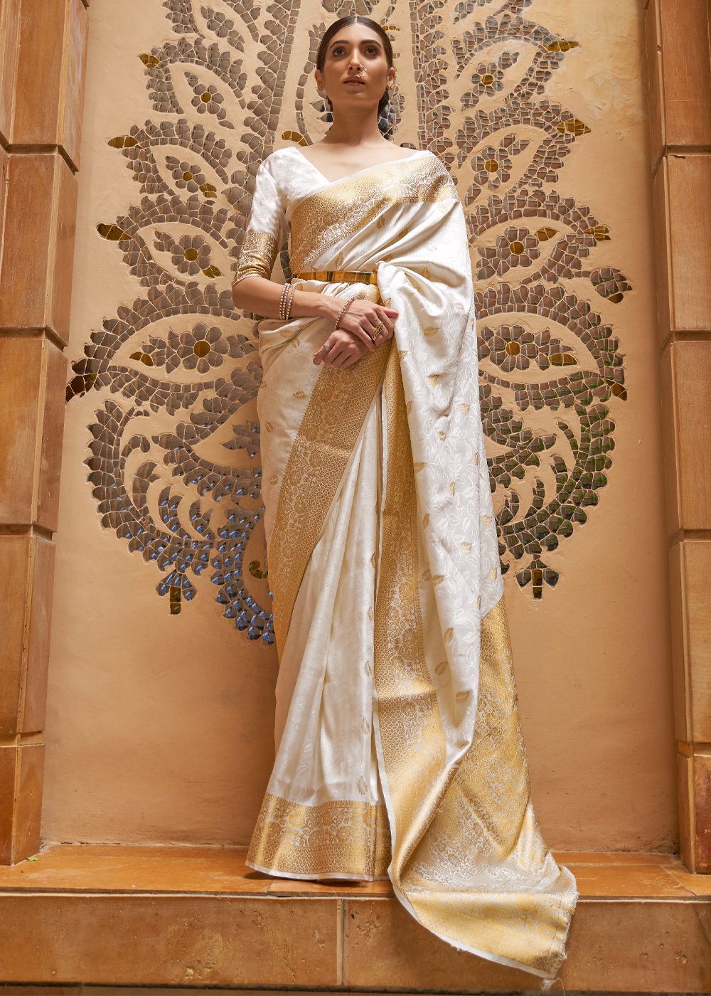 Buy MySilkLove Swiss Coffee White Zari Woven Kanjivaram Saree Online