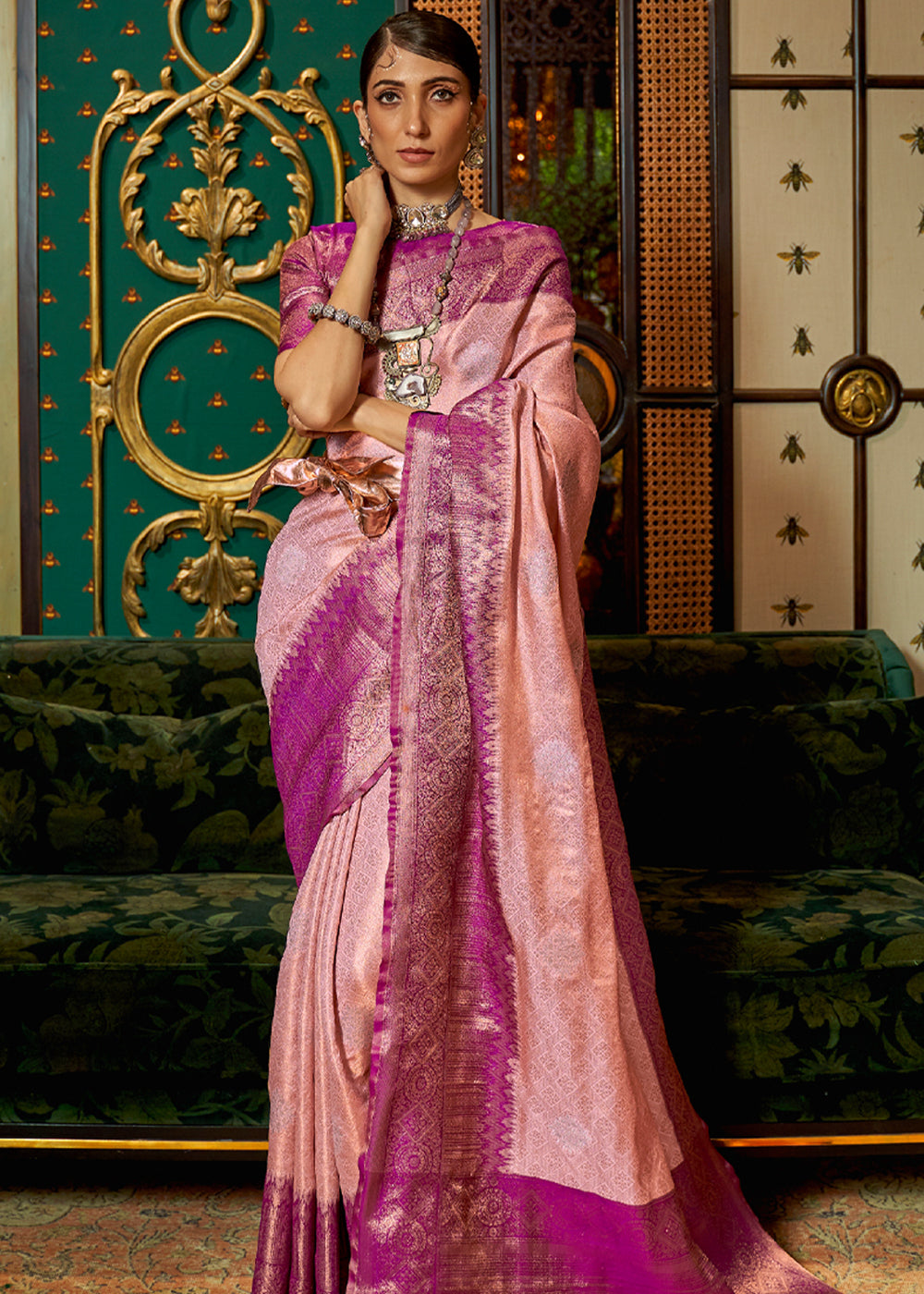 Buy MySilkLove Eunry Pink Zari Woven Banarasi Tussar Saree Online