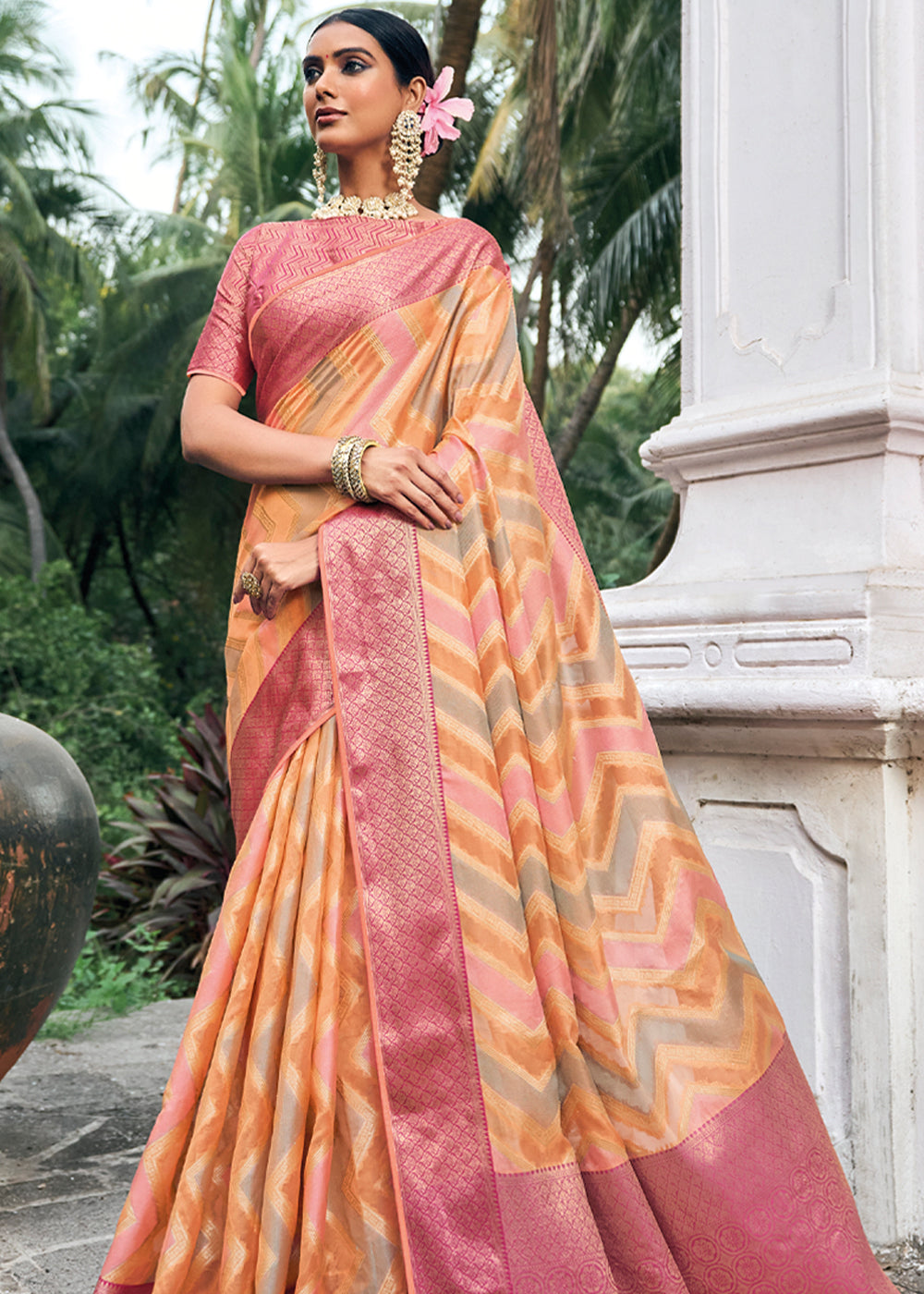 Buy MySilkLove Wewak Pink and Orange Woven Organza Banarasi Silk Saree Online