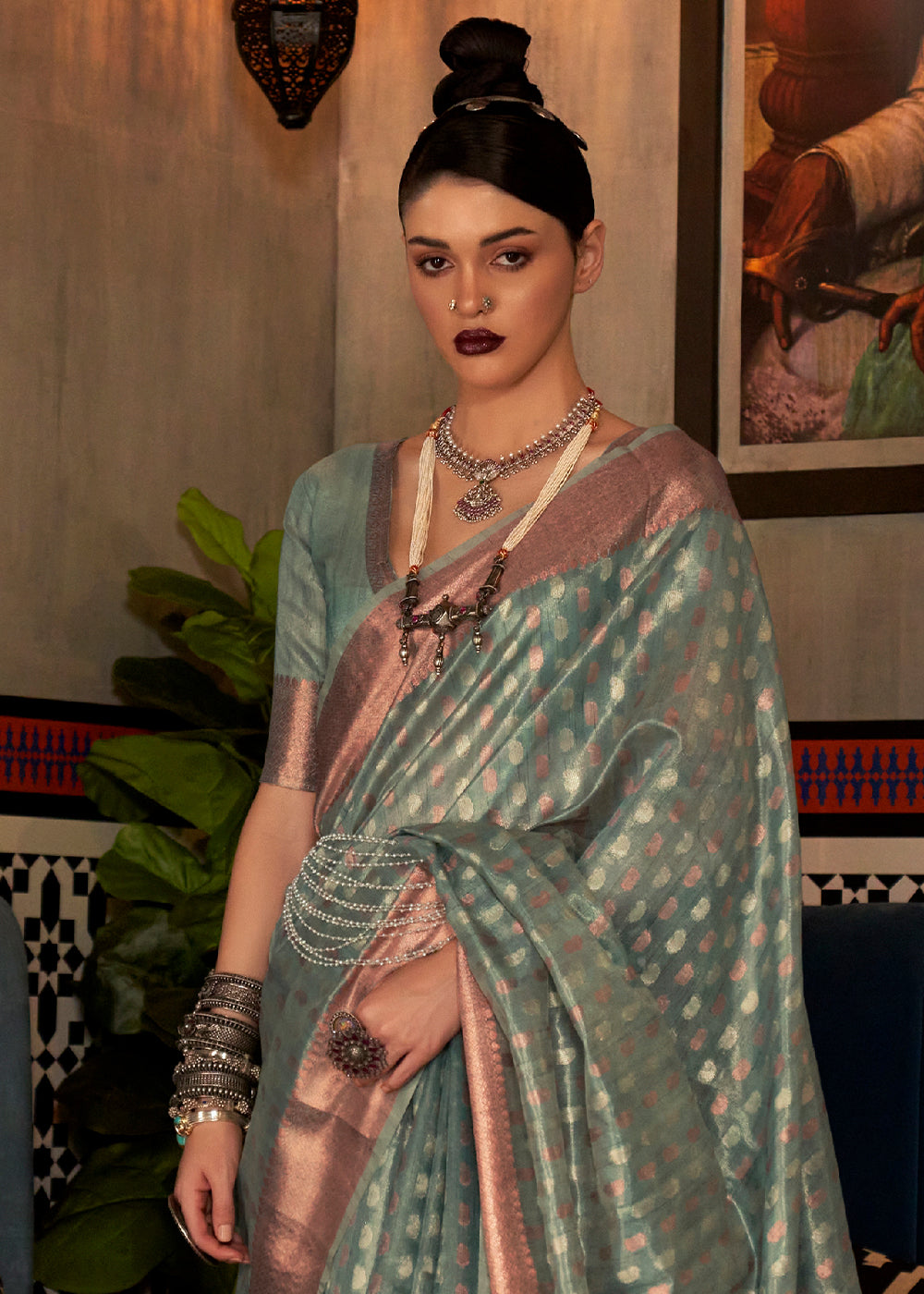 Buy MySilkLove Kokoda Green Zari Woven Tissue Saree Online