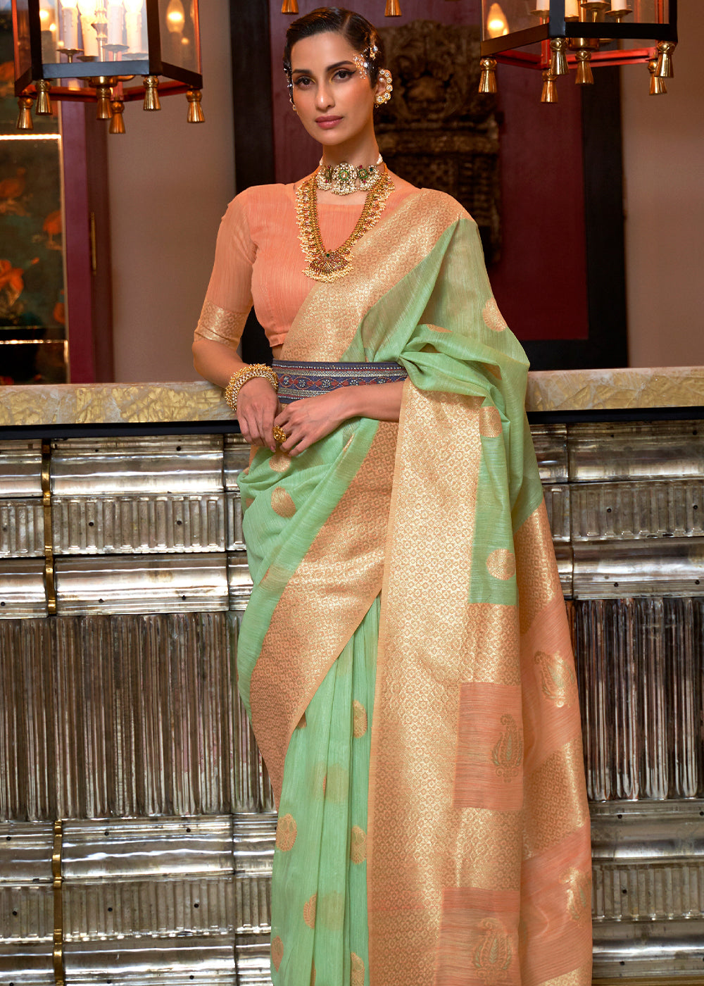 Buy MySilkLove Norway Green and Peach Zari Woven Linen Saree Online
