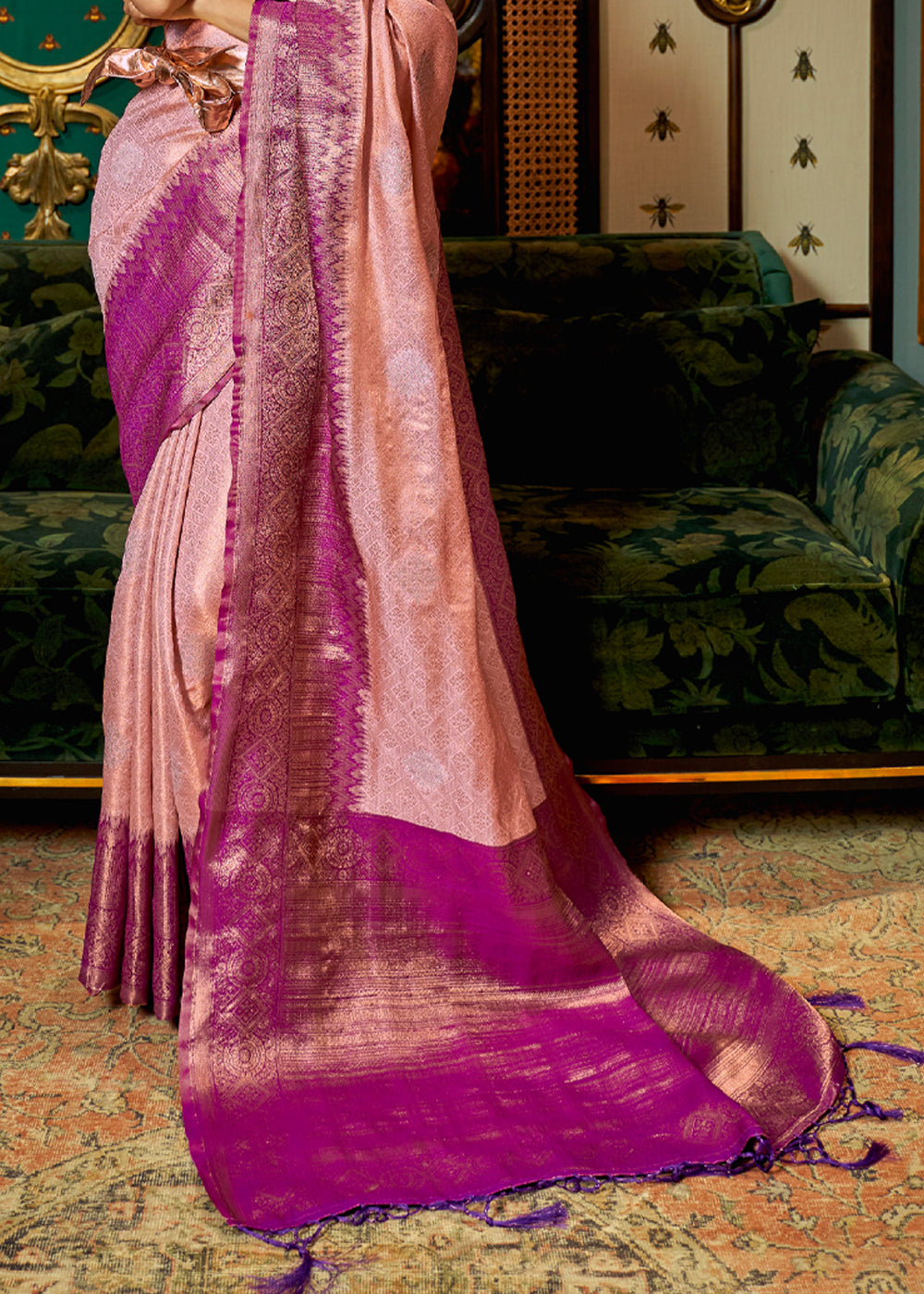 Buy MySilkLove Eunry Pink Zari Woven Banarasi Tussar Saree Online