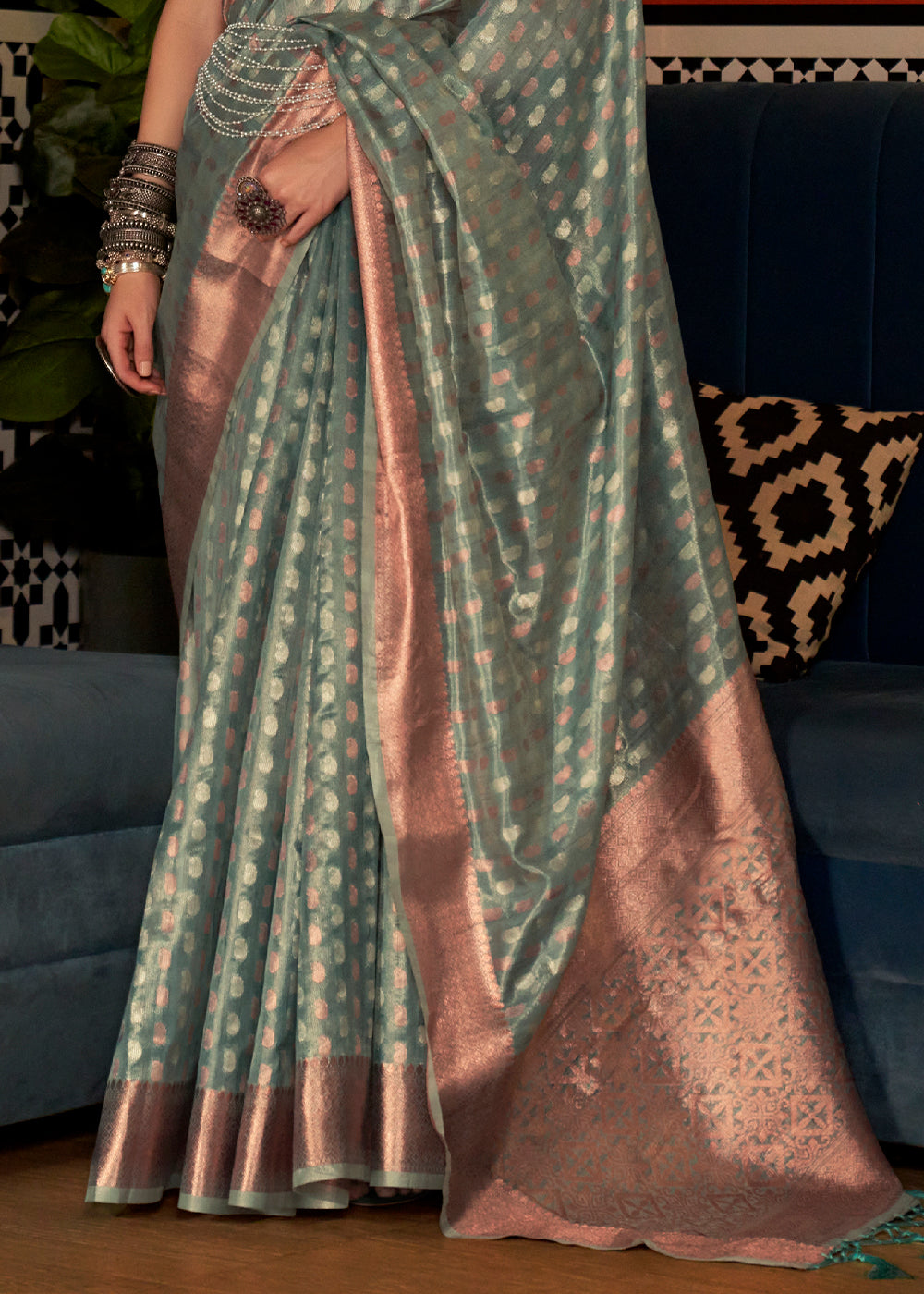 Buy MySilkLove Kokoda Green Zari Woven Tissue Saree Online