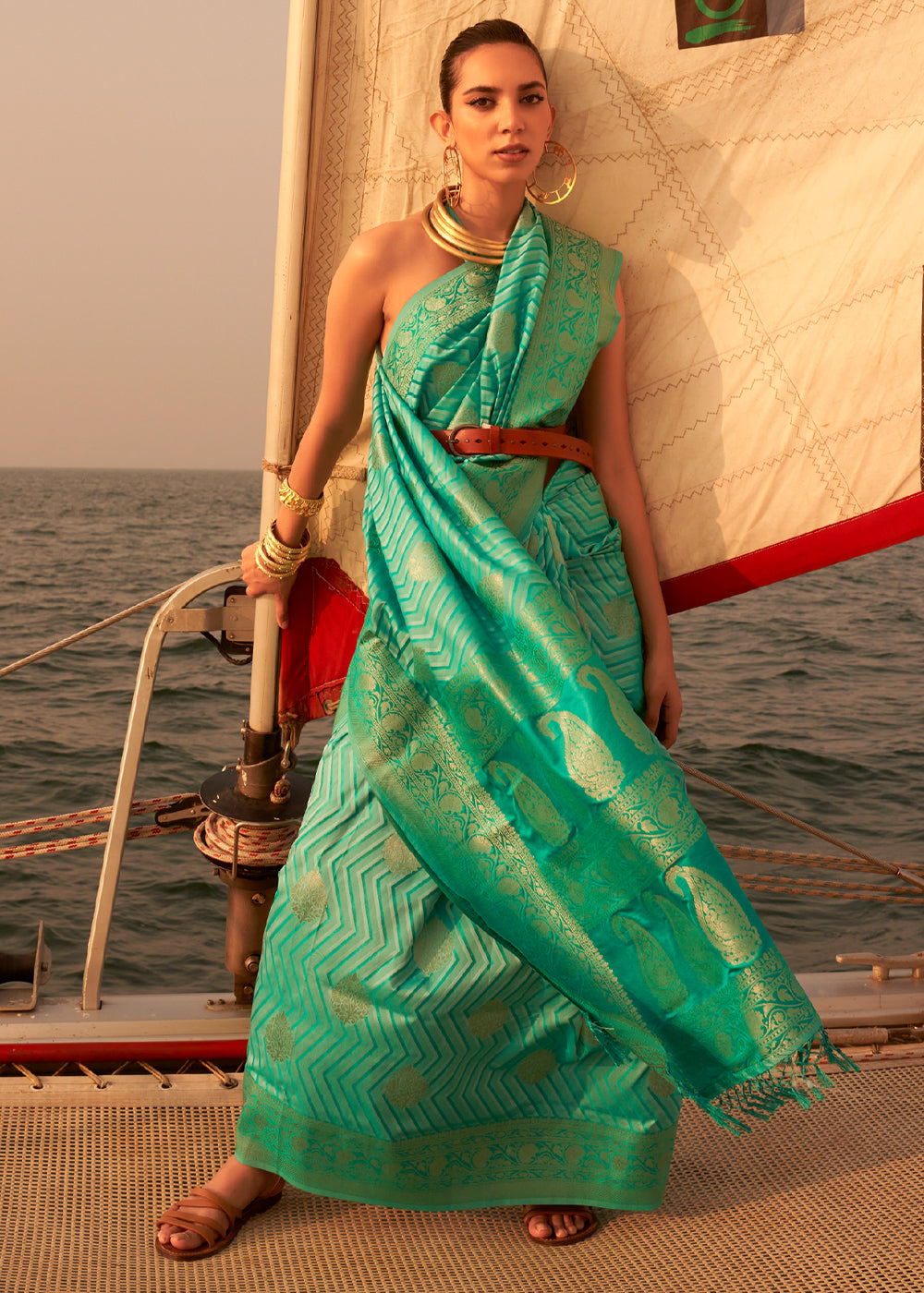 Buy MySilkLove Ocean Green Dual Tone Banarasi Satin Silk Saree Online