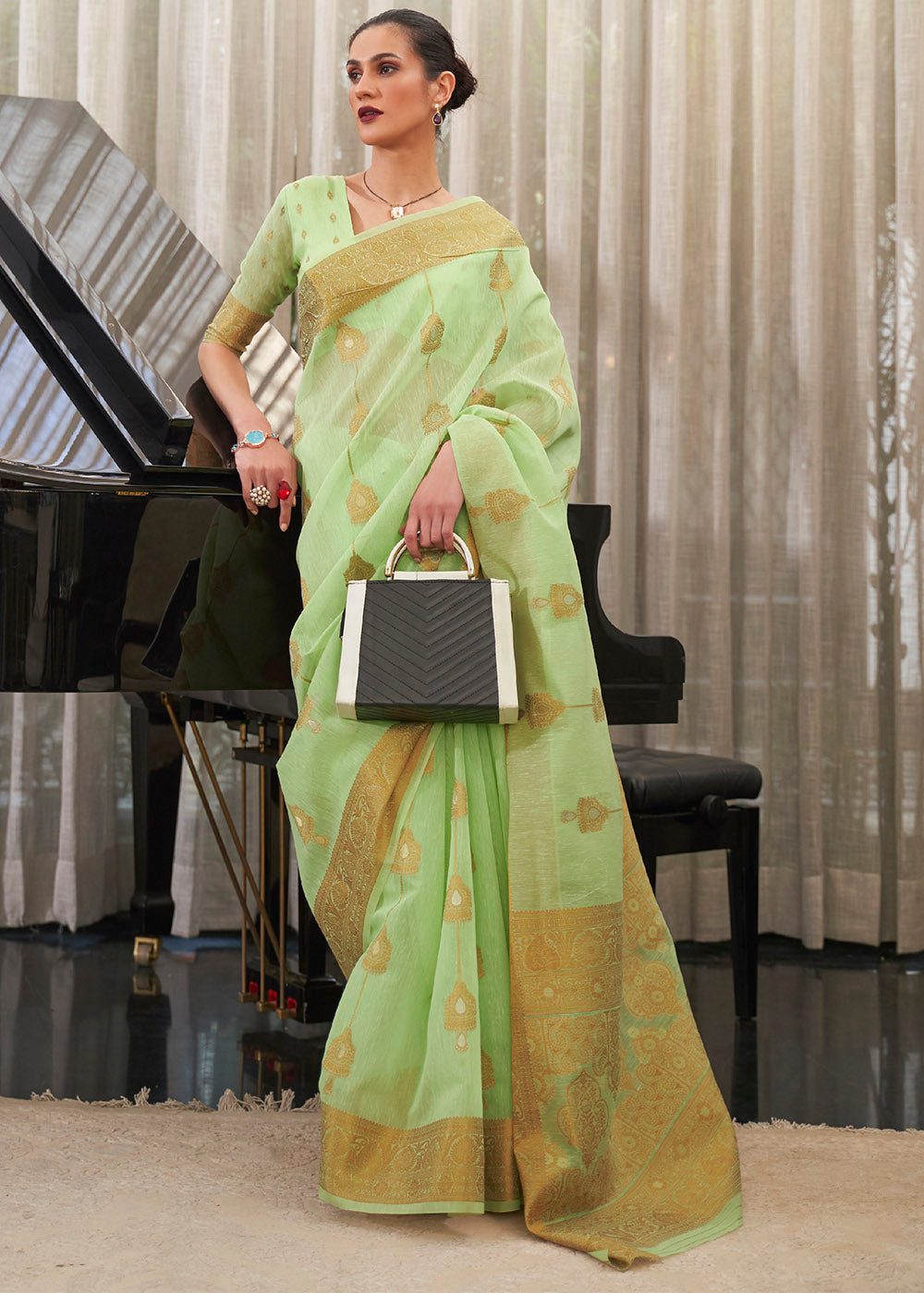 Buy MySilkLove Caper Green Zari Woven Linen Saree Online