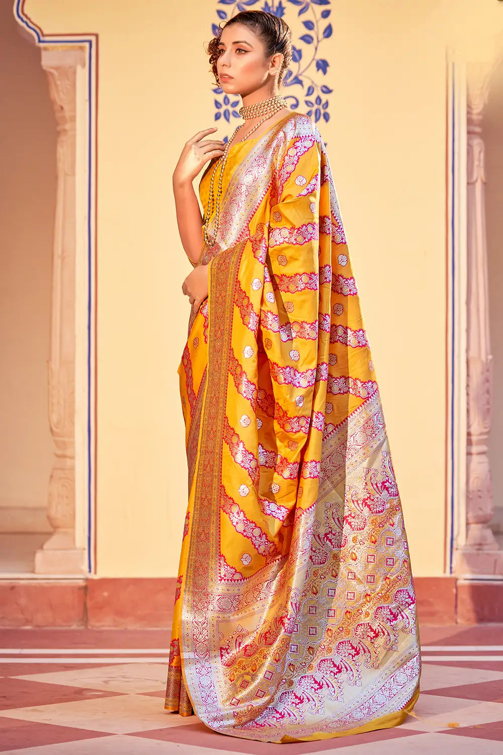 Buy MySilkLove Sunglow Yellow Woven Zari Banarasi Silk Saree Online