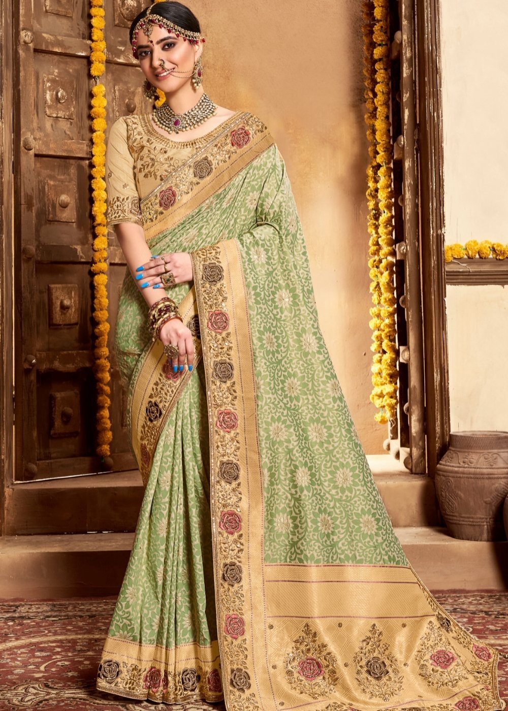 Buy MySilkLove Green Smoke Handloom Woven Designer Banarasi Silk Saree Online