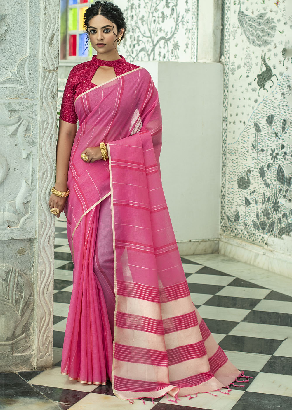 Buy MySilkLove Me Pink Zari Woven Striped Linen Saree Online
