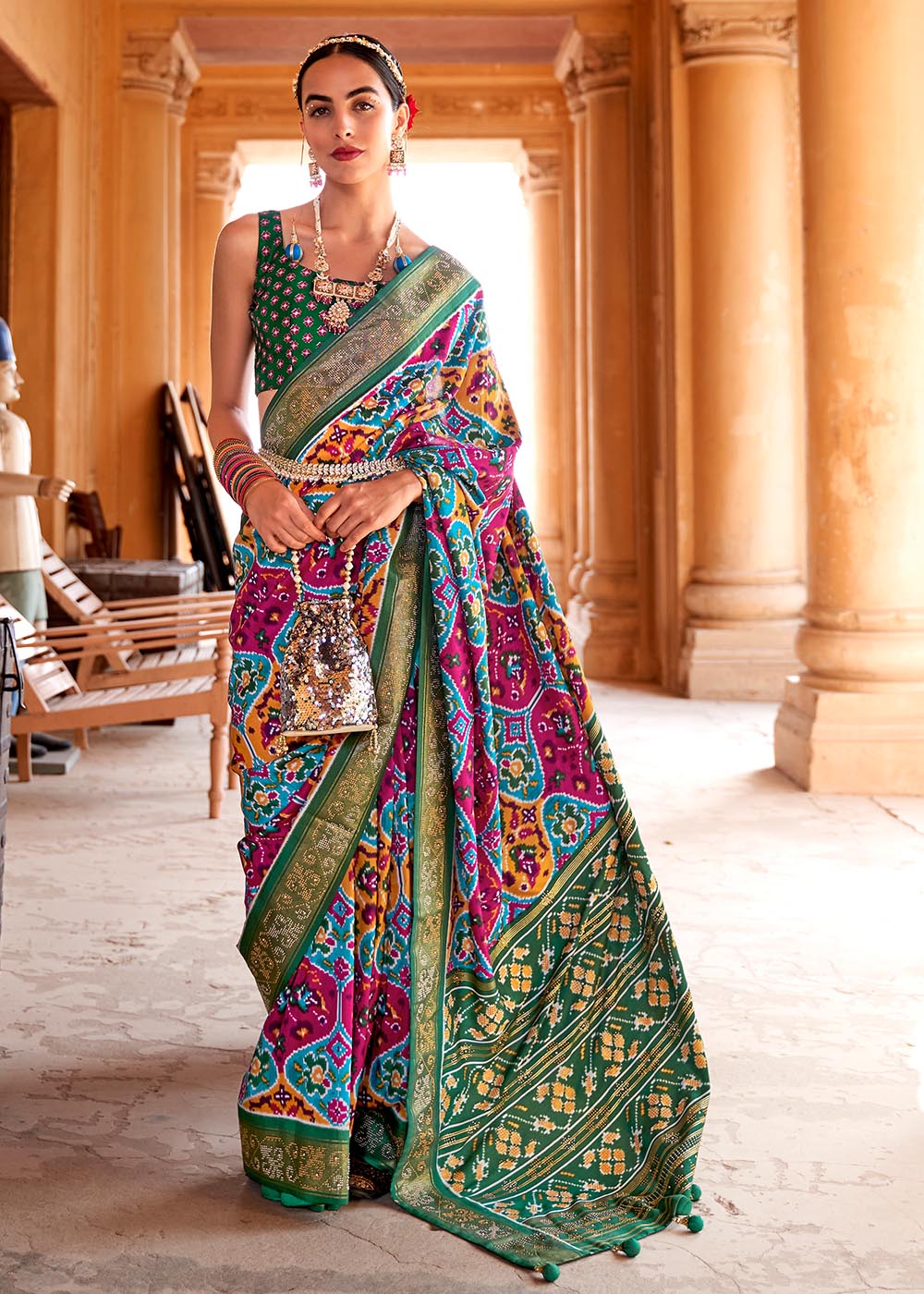 Buy MySilkLove Boston Blue Multicolor Printed Patola Saree Online